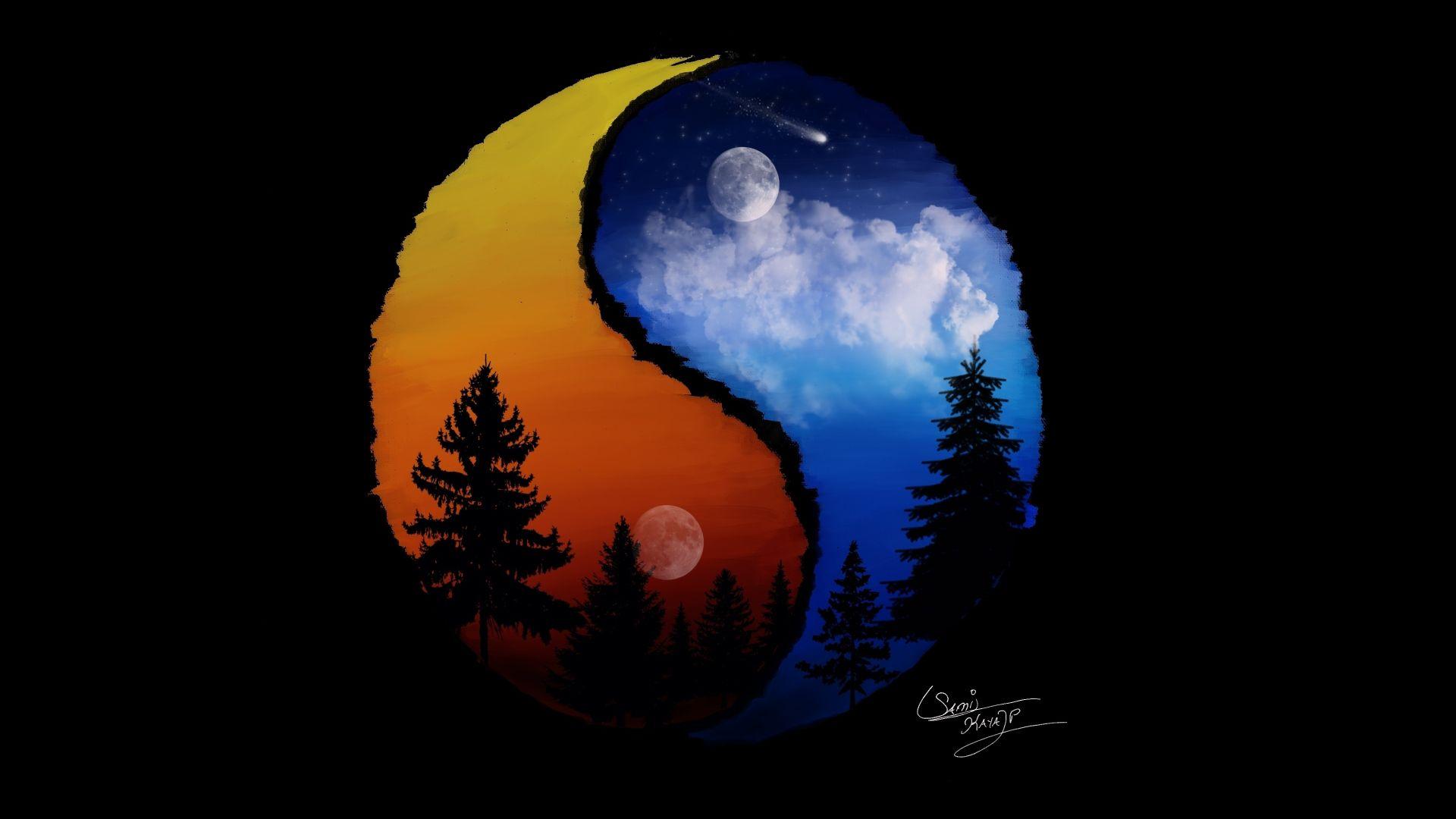 1920x1080 Desktop Wallpaper Yin Yang, Blanace, Day Night, Dark, Art, HD Image, Picture, Background, 4274a3