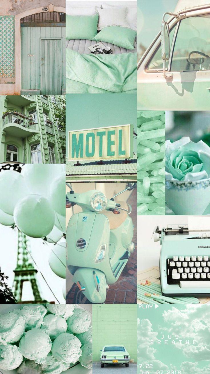 735x1309 Wallpaper, background, collage, aesthetic, music, color, mint, green, paris