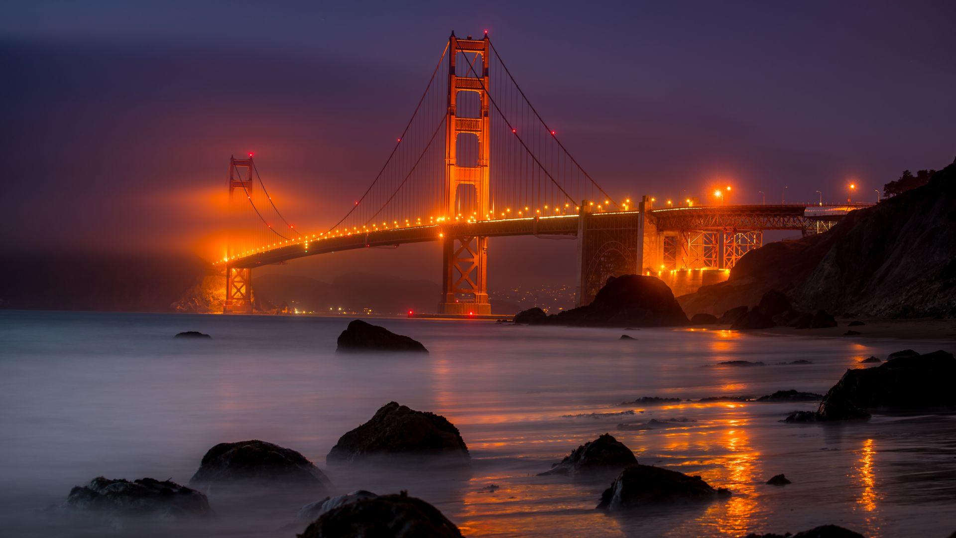1920x1080 Desktop wallpaper golden gate bridge, san francisco, yellow lights, night, HD image, picture, background, d5744b