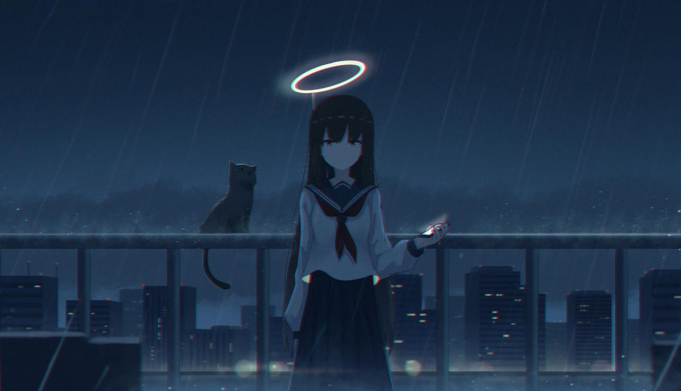 1336x768 4K Girl in the Rain with Cat HD Laptop Wallpaper, HD Anime 4K Wallpaper, Image, Photo and Background