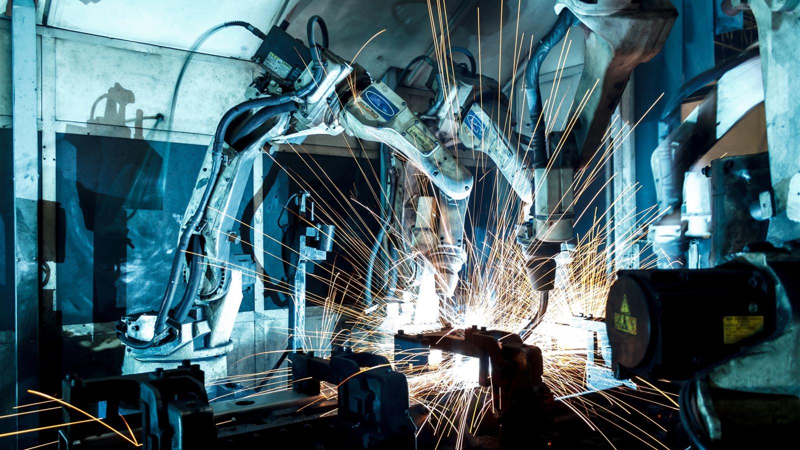 1600x900 Wallpaper Industrial robot, machine, precision, sparks, welder 3840x2160 UHD 4K Picture, Image