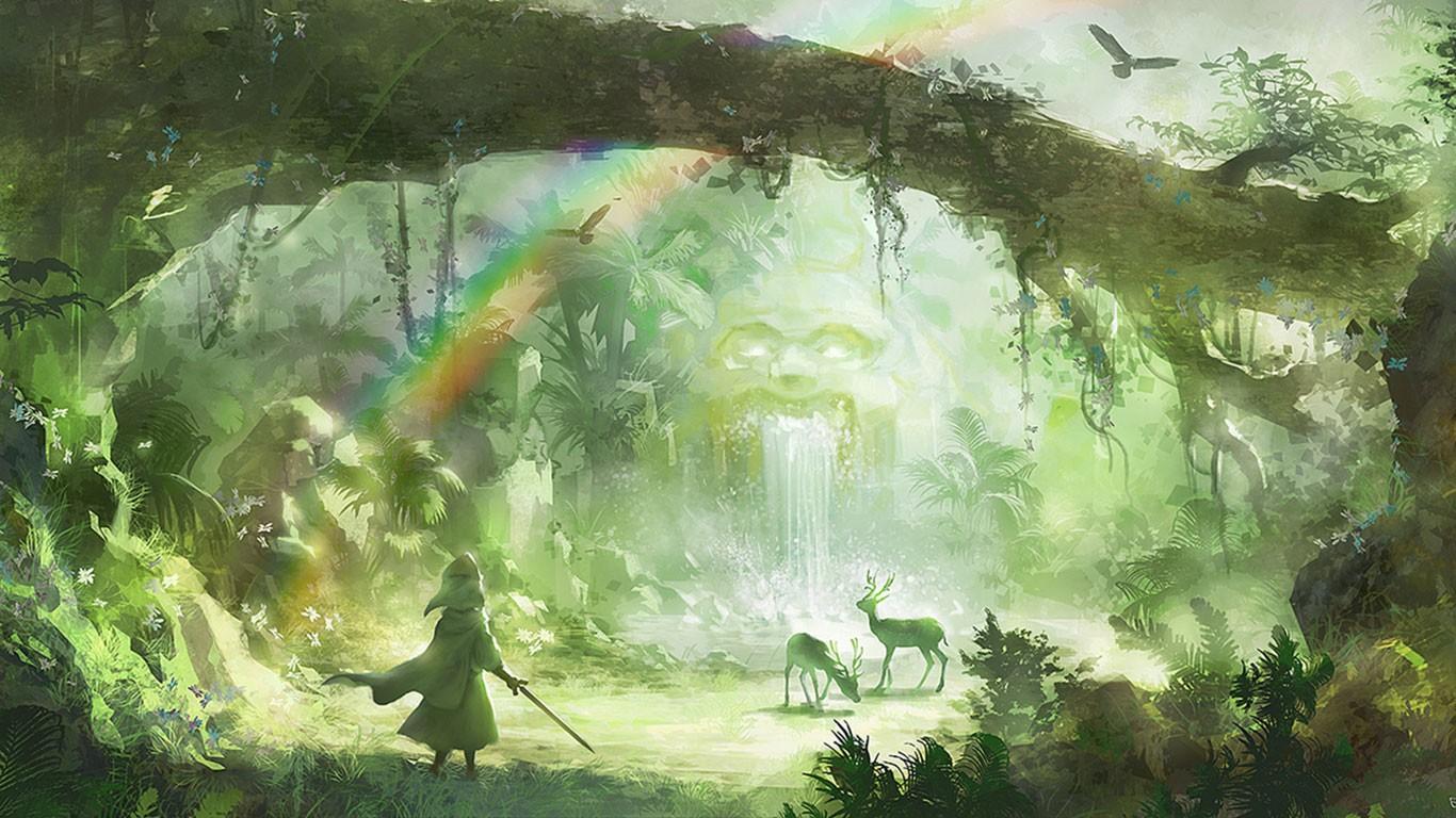 1366x768 sunlight, painting, forest, fantasy art, green, jungle, swamp, rainforest, wetland, tree, screenshot, woodland, habitat, natural environment, computer wallpaper, watercolor paint. Mocah HD Wallpaper