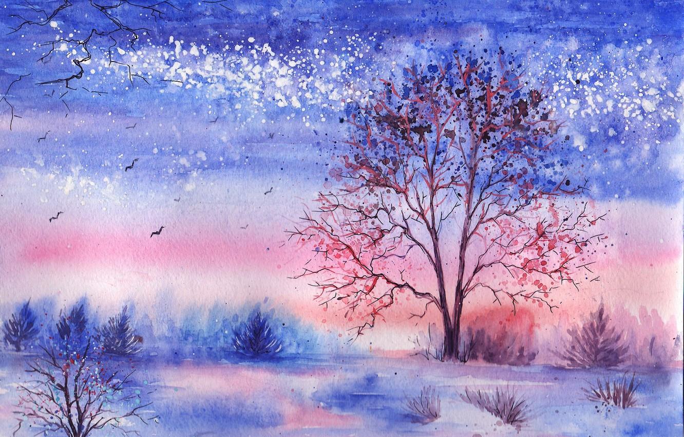 1332x850 Wallpaper winter, grass, trees, birds, lake, watercolor, the bushes, painted landscape image for desktop, section живопись