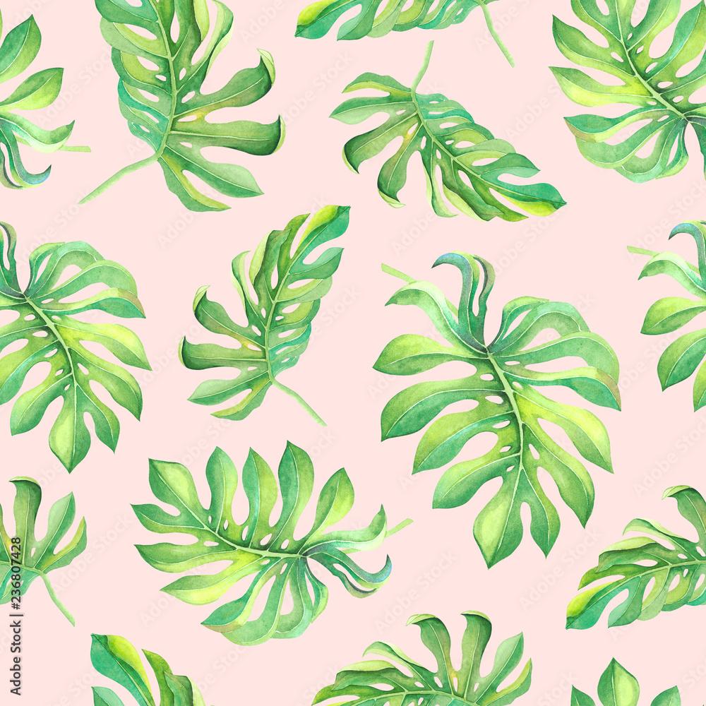 1000x1000 Tropical palm tree leaves on pink background. Seamless watercolor natural pattern for print, banner, backdrop, wallpaper design. Monstera plant illustration Stock Illustration