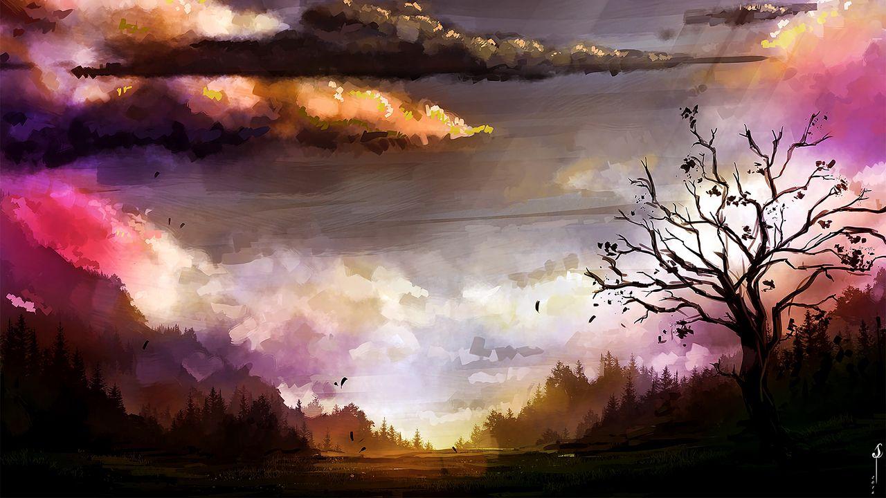 1280x720 Wallpaper landscape, tree, clouds, nature, art hd, picture, image