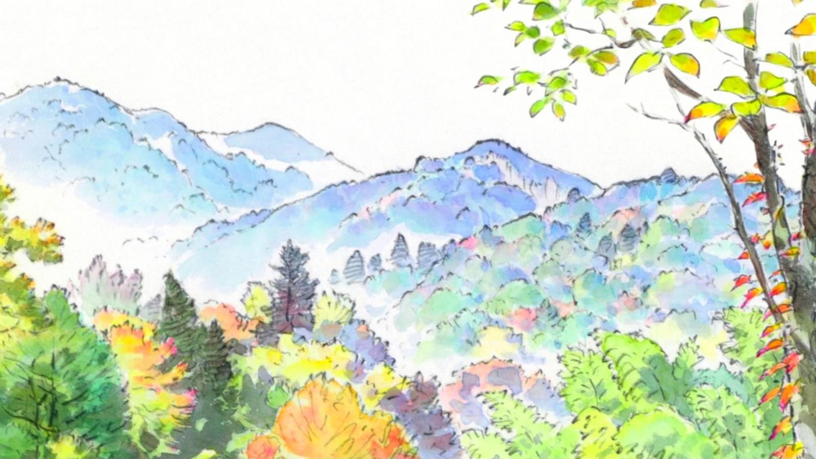 1600x900 painting, branch, princess, animated movies, mural, The Tale of Princess Kaguya, Kaguya, tree, autumn, leaf, flower, season, paint, meadow, ecosystem, watercolor paint. Mocah HD Wallpaper
