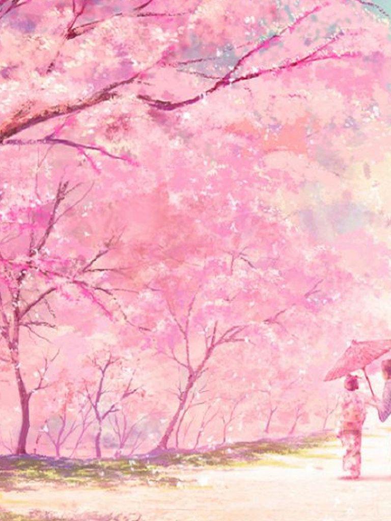 768x1024 Anime Trees Pink Wallpaper