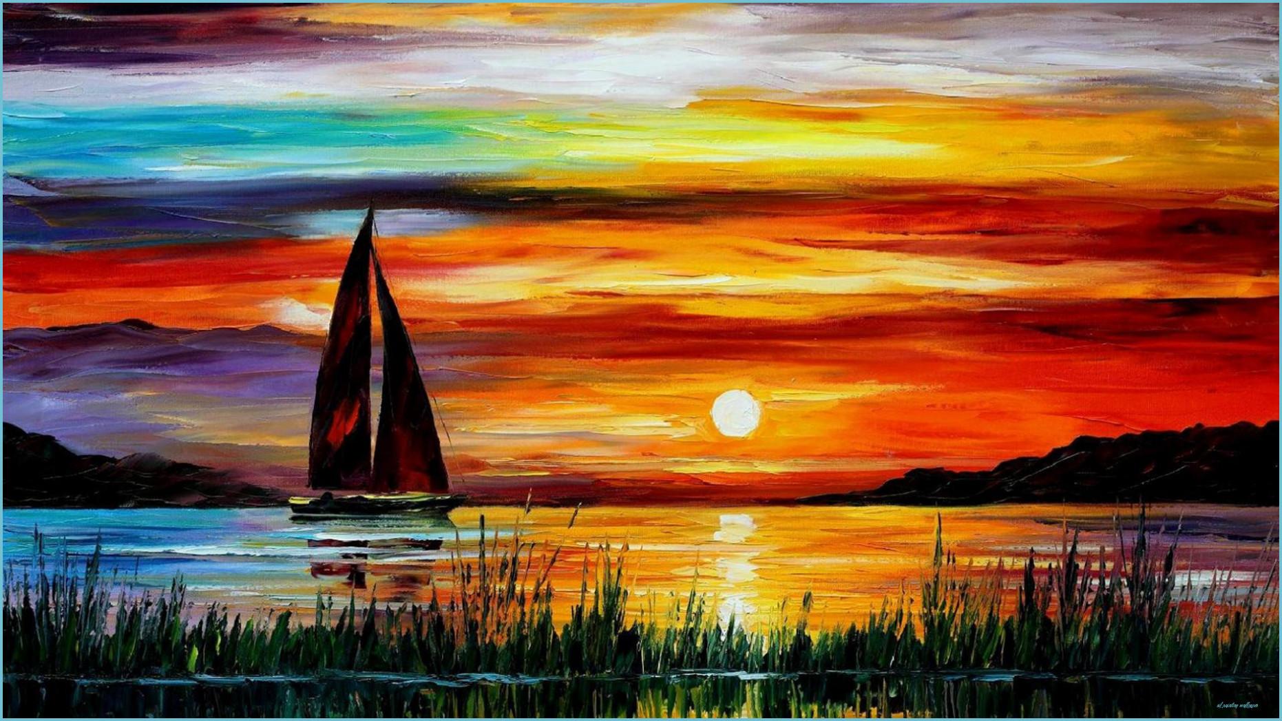 1862x1047 Free Download Sunset Boats Oil Paintings HD Wallpaper 13x13 Painting Wallpaper