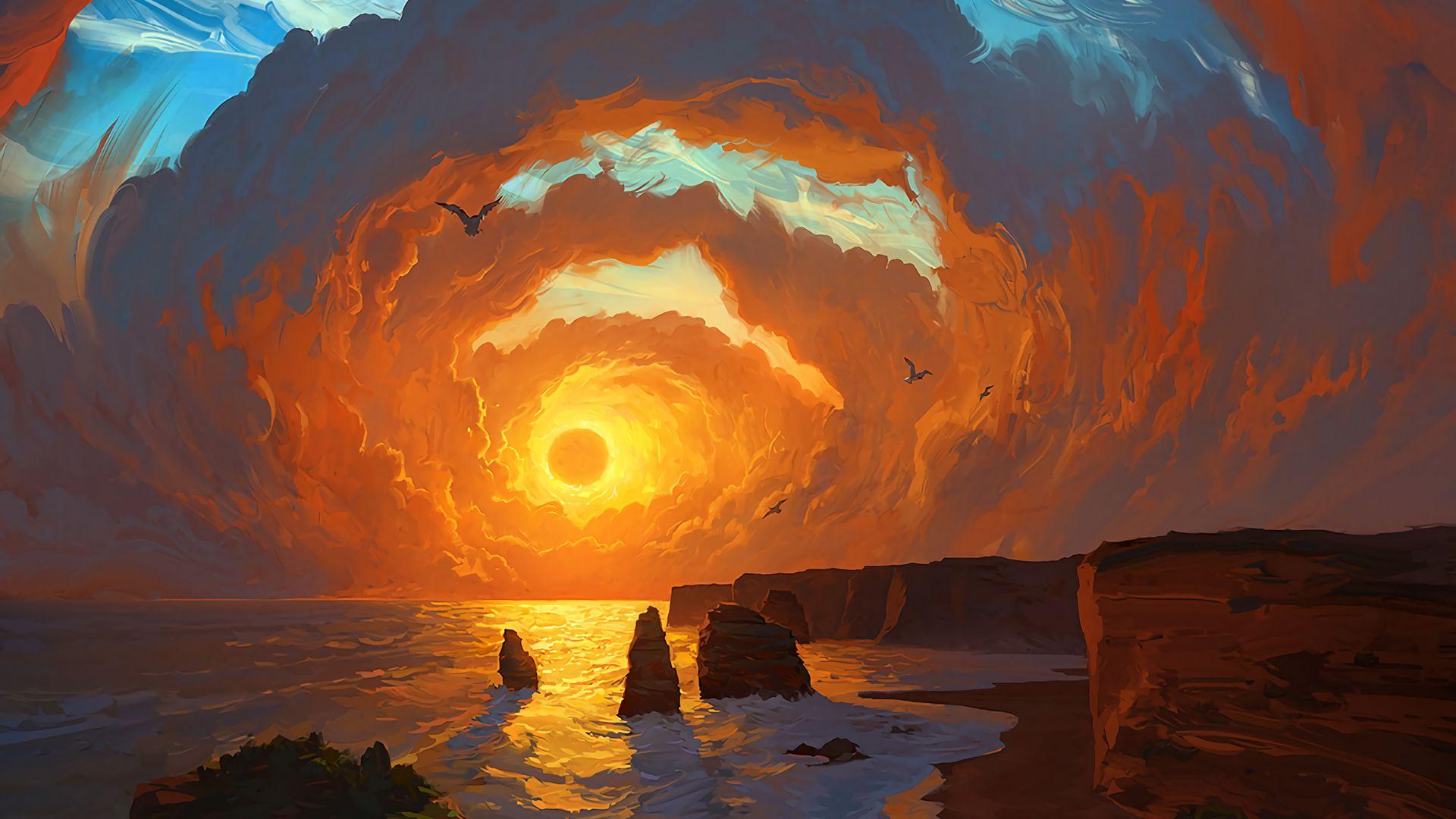 1920x1080 Download wallpaper 1920x1080 sea, sunset, art, rocks, sky, clouds, landscape full hd, hdtv, fhd, 1080p HD background