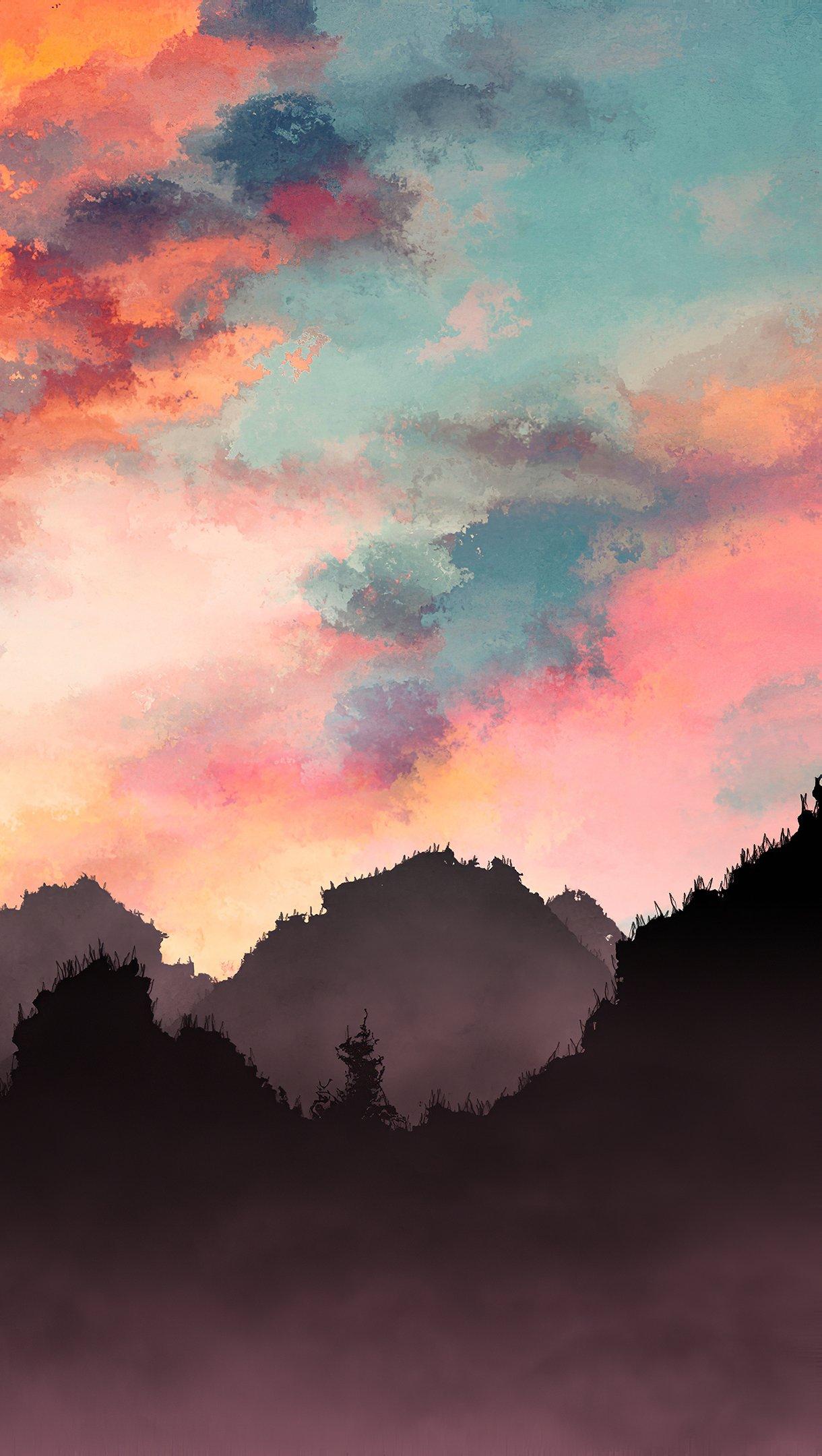1220x2160 Mountains painting with mist at sunset Wallpaper 4k Ultra HD