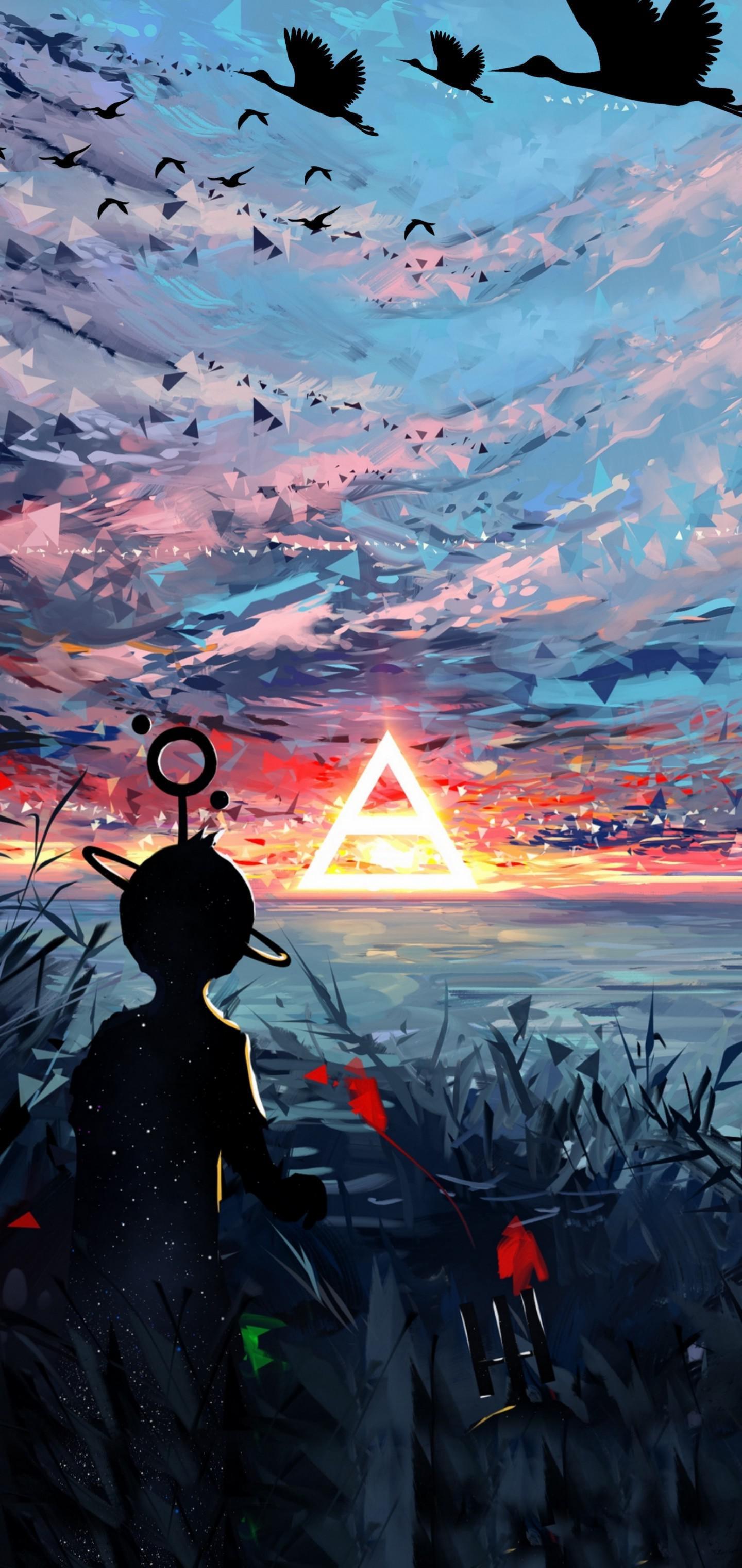1440x3040 Sunset Painting Visitor Galaxy S10 Hole Punch Wallpaper