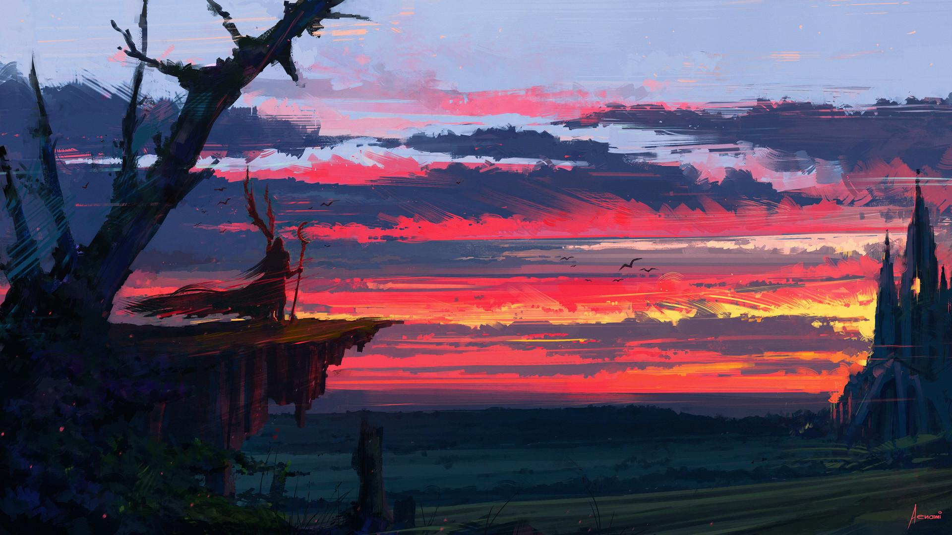 1920x1080 Aenami, Digital art, Landscape, Fantasy art, Artwork, Clouds, Sunset, Staff Wallpaper HD / Desktop and Mobile Background