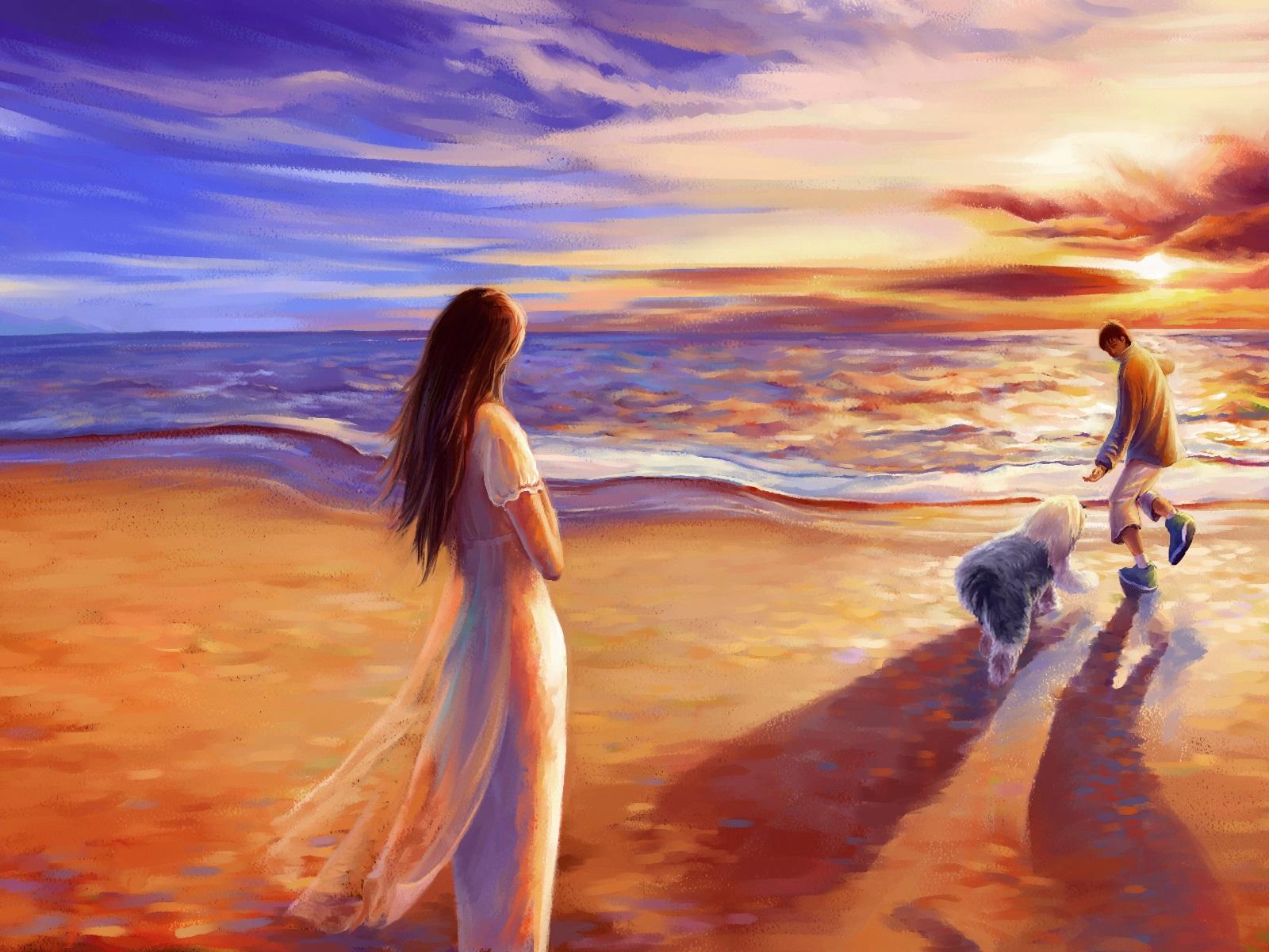 1600x1200 Wallpaper Romance time, walk at beach, sunset, painting 1920x1200 HD Picture, Image