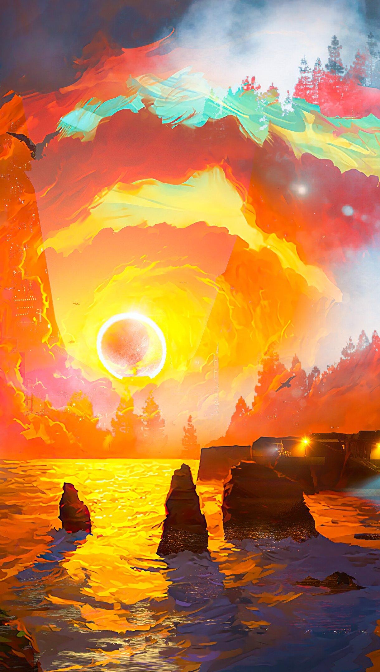 1220x2160 Sunset Sea scenery Digital Art Wallpaper 4k Ultra HD