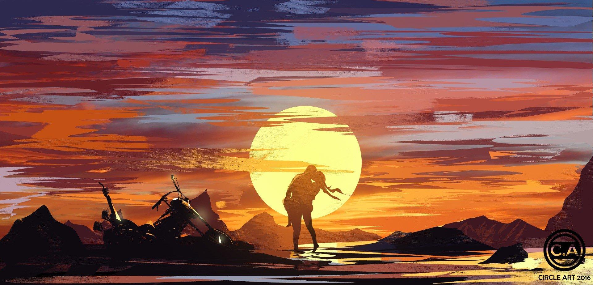 1920x922 Circle art, Couple, Artwork, Illustration, Sunset, Silhouette HD Wallpaper / Desktop and Mobile Image & Photo