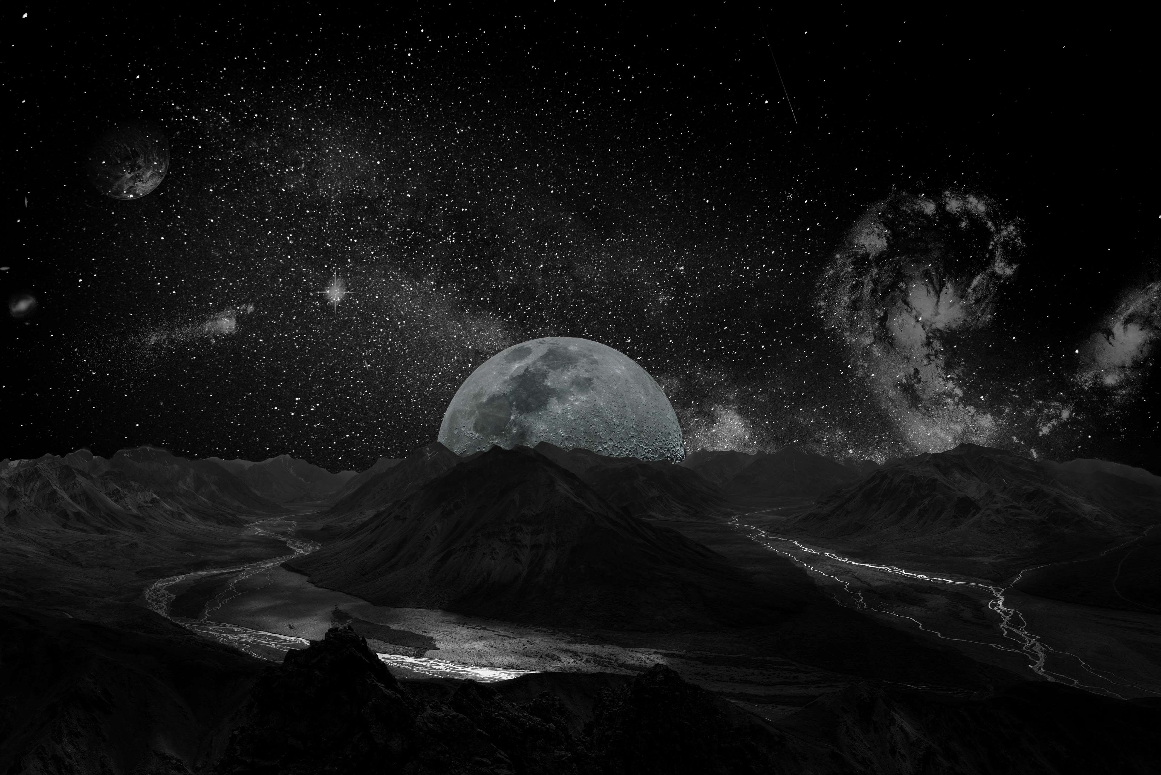 3840x2563 all, astrology, astronaut, astronautics, astronomy, atmosphere, background, ball, black and white, celestial body, cosmos, crater, desktop background, earth, fantasy, fantasy world, galaxy, globe, infinity, landsca 4k wallpaper. Mocah HD Wallpaper