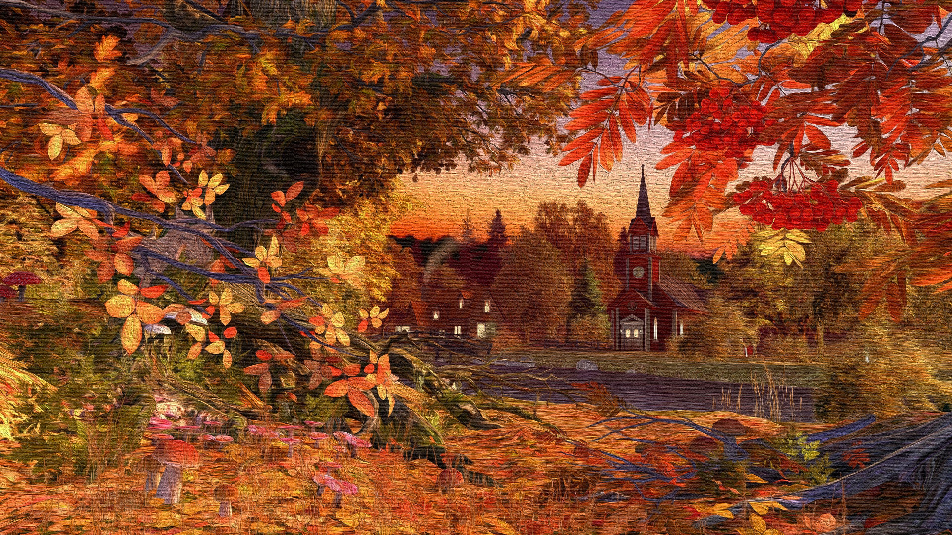 3840x2160 Autumn Church Wallpaper, HD Autumn Church Background