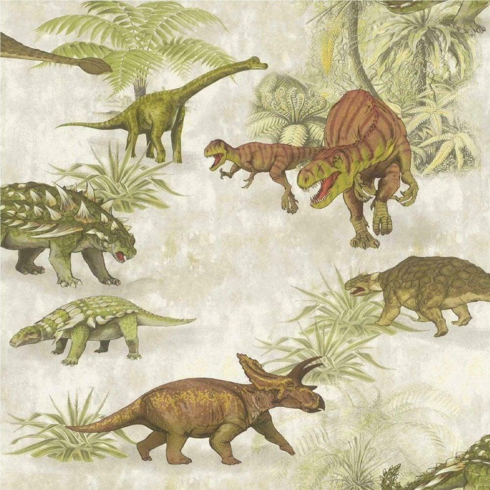 1000x1000 Rasch Dino Dinosaur Wallpaper Jurassic Kids Bedroom Boys Girls T Rex Green Beige 212808