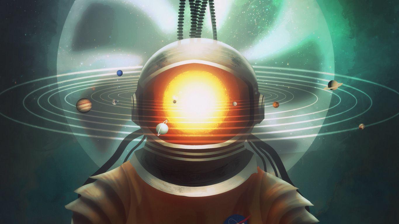 1366x768 Download wallpaper 1366x768 cosmonaut, space, art, solar system, hourglass, surrealism tablet, laptop HD background