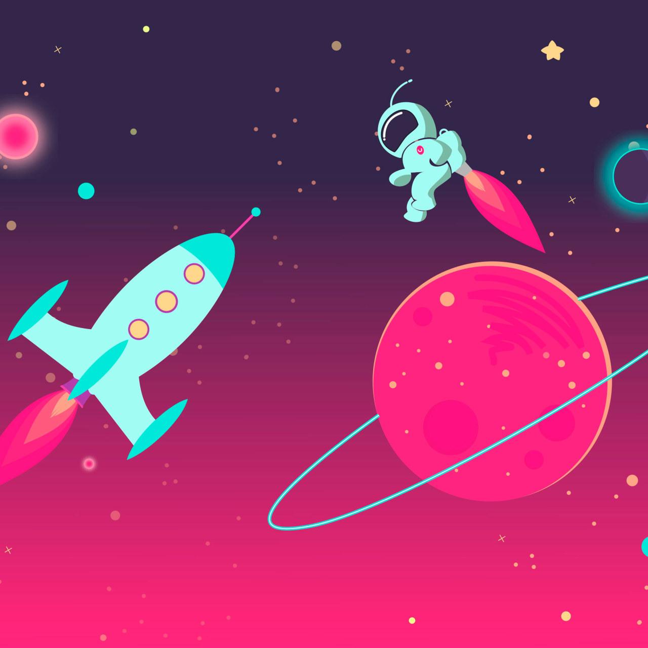1280x1280 Cartoon Astronaut and Rocket in Outer Space, background, cosmonaut • Wallpaper For You HD Wallpaper For Desktop & Mobile