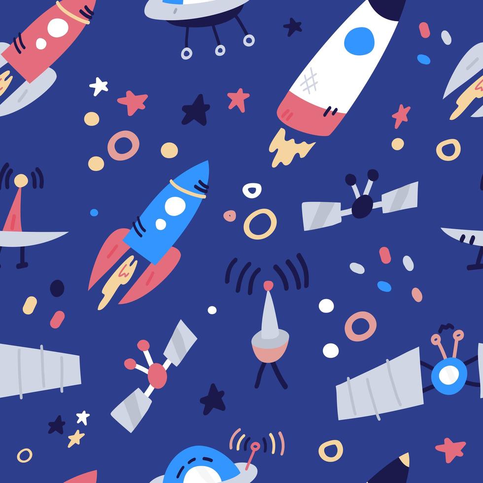 980x980 Vector Seamless Pattern With rockets, satellite, UFO, stars. Cartoon flat style cosmos kids background