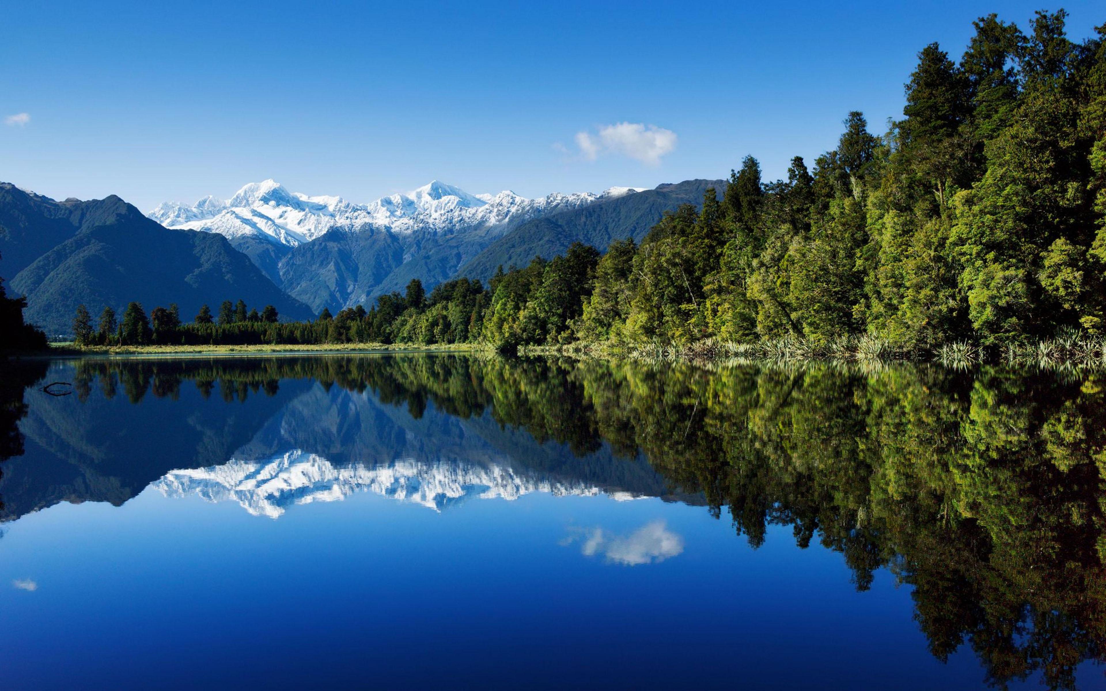 3840x2400 Summer Landscape Green Mountain Pine Forest With Snow Blue Sky Reflected In Lake New Zealand HD Desktop Wallpaper :