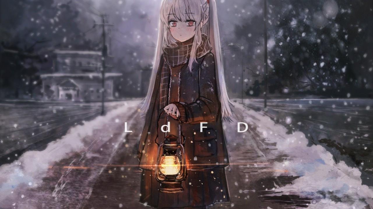 1280x720 Download 1280x720 Anime Girl, Lantern, Snow, White Hair, Winter, Path Wallpaper