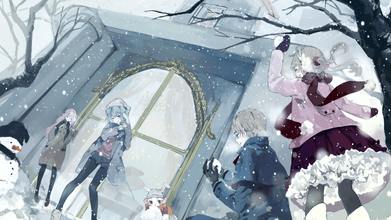 1280x720 Download 1280x720 Anime Winter, Snow, Tree, Snowball, Snowman Wallpaper