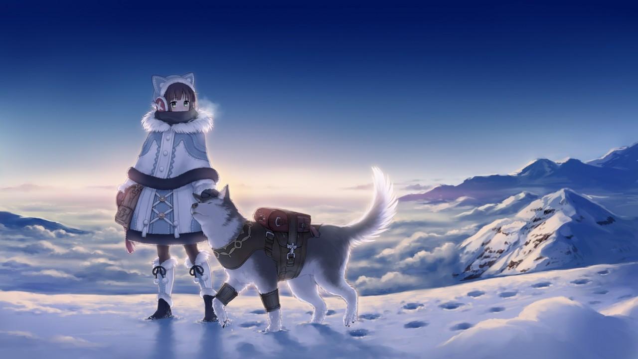 1280x720 Download 1280x720 Anime Girl, Winter, Wolf, Snow, Landscape, Clean Sky Wallpaper
