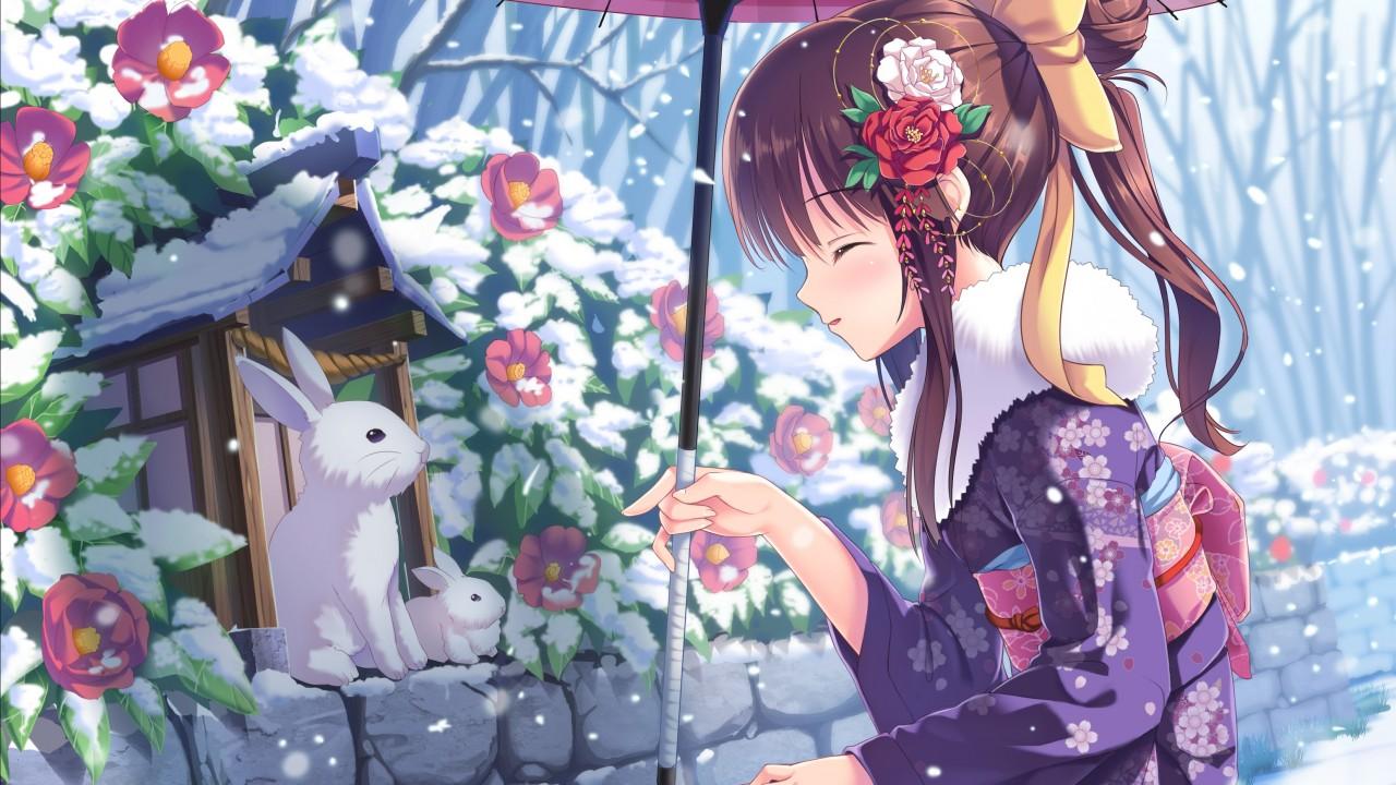 1280x720 Wallpaper anime, girl, beauty, winter, rabbits, snow, 4k, Art