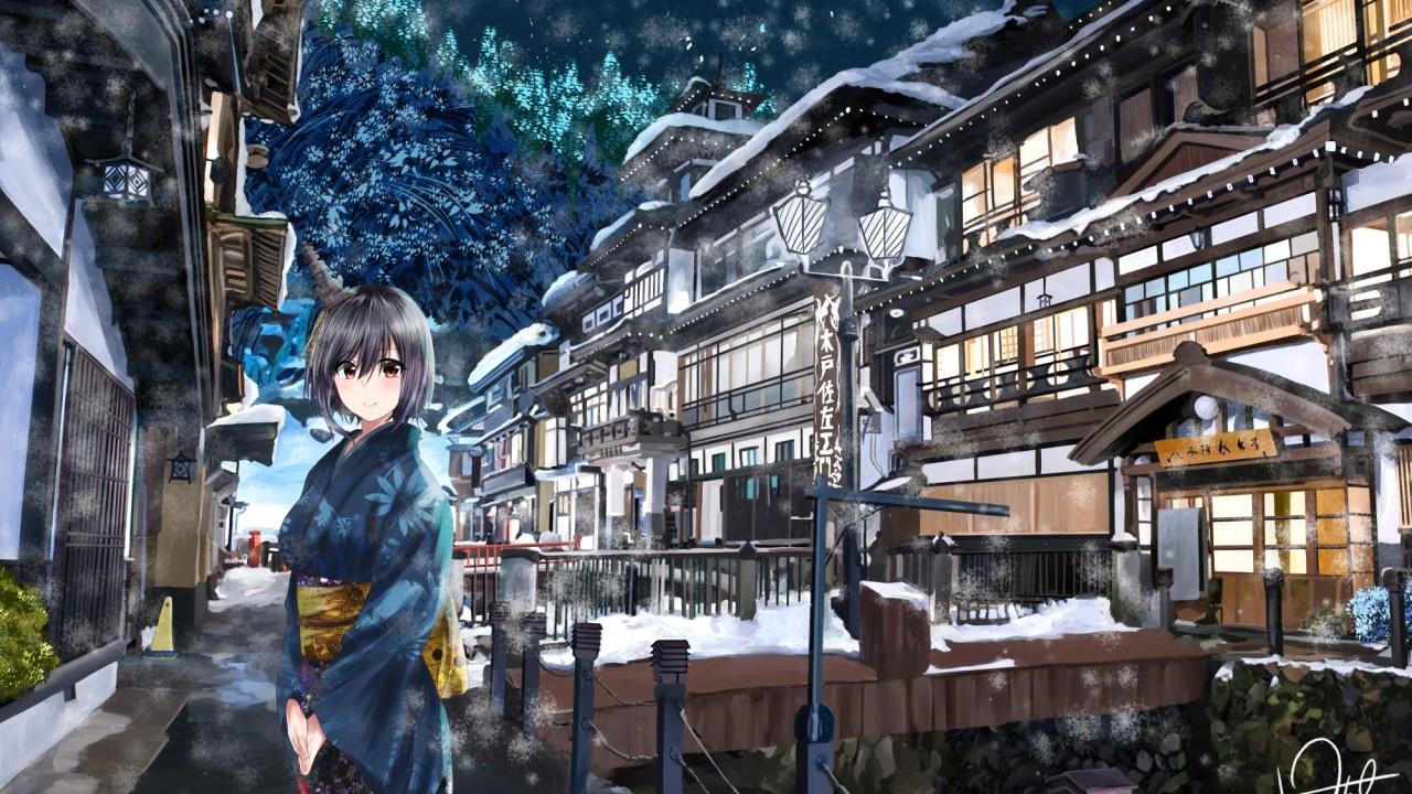 1280x720 Download 1280x720 Anime Girl, Christmas Winter, Kimono, Snow Wallpaper
