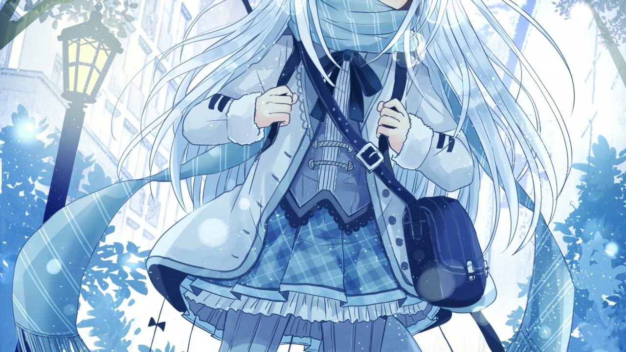 1280x720 Download 1280x720 Anime Girl, White Hair, Animal Ears, Winter, Snow, Tail, Snowmans Wallpaper