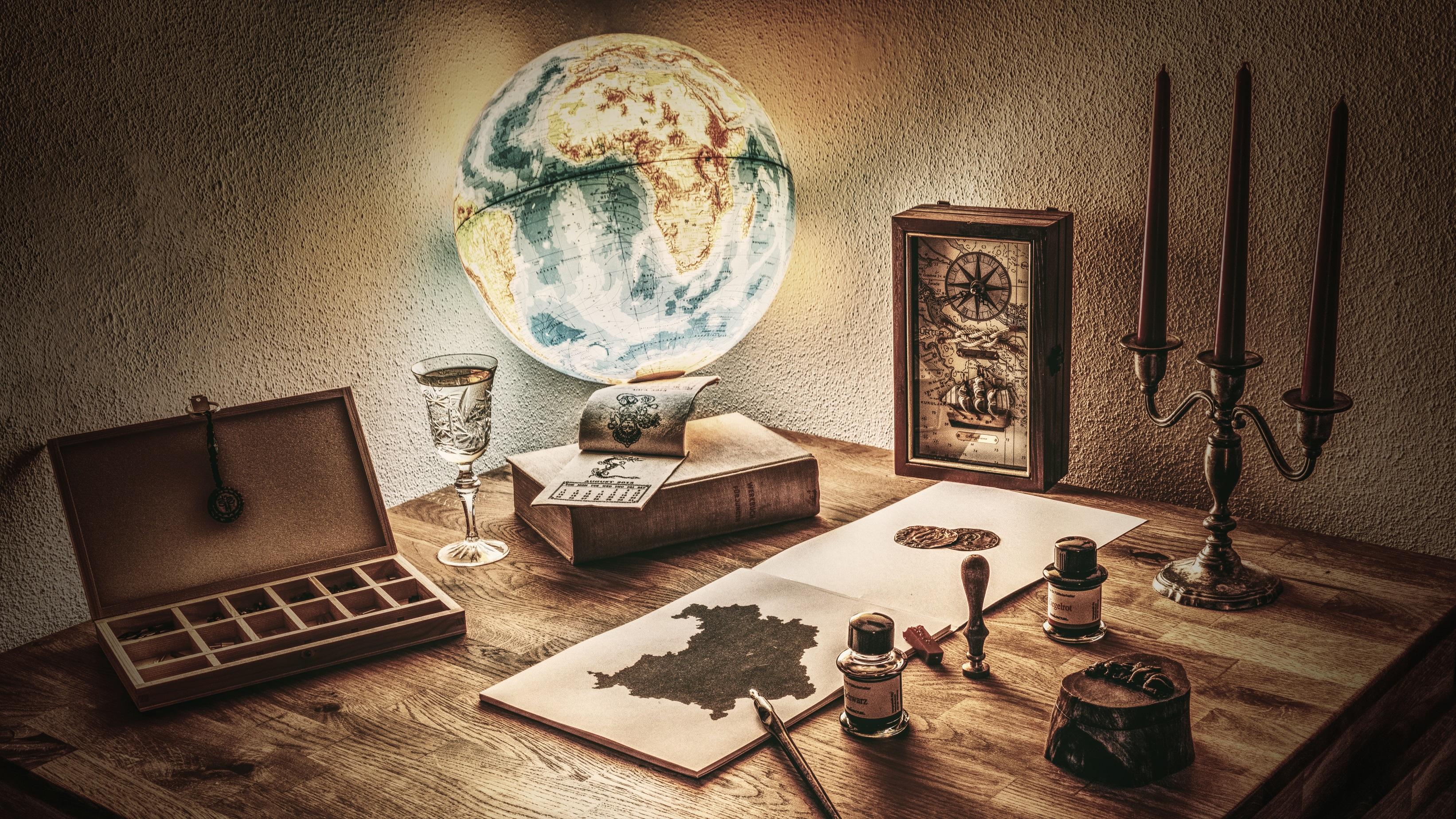 3285x1847 Vintage, Candle, Globe, Compass, Still Life wallpaper