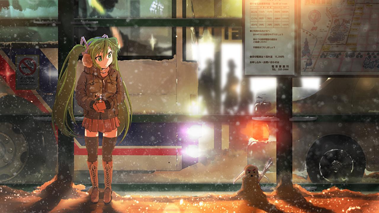1280x720 Photos Vocaloid Bus Hatsune Miku Anime Girls Snow Snowmen