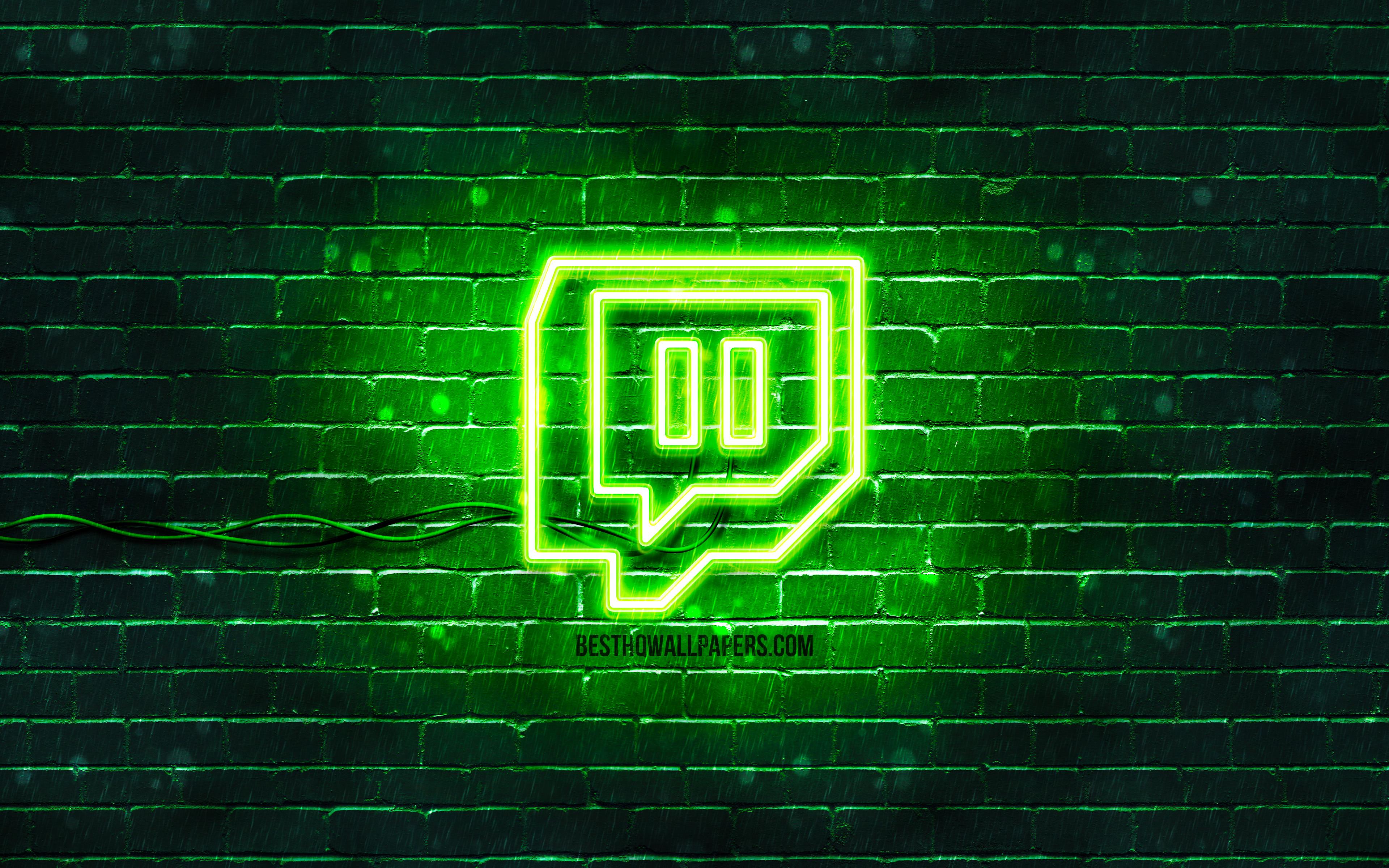 3840x2400 Download wallpaper Twitch green logo, 4k, green brickwall, Twitch logo, social networks, Twitch neon logo, Twitch for desktop with resolution 3840x2400. High Quality HD picture wallpaper