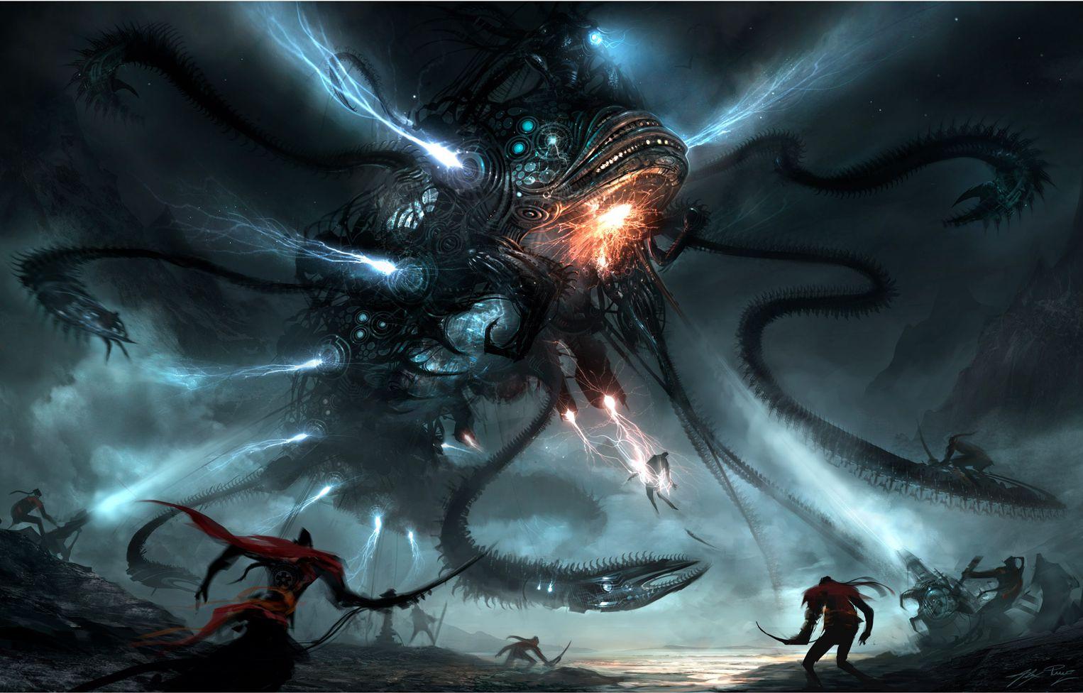1526x976 2D Art: Mech Dragon Battle Digital