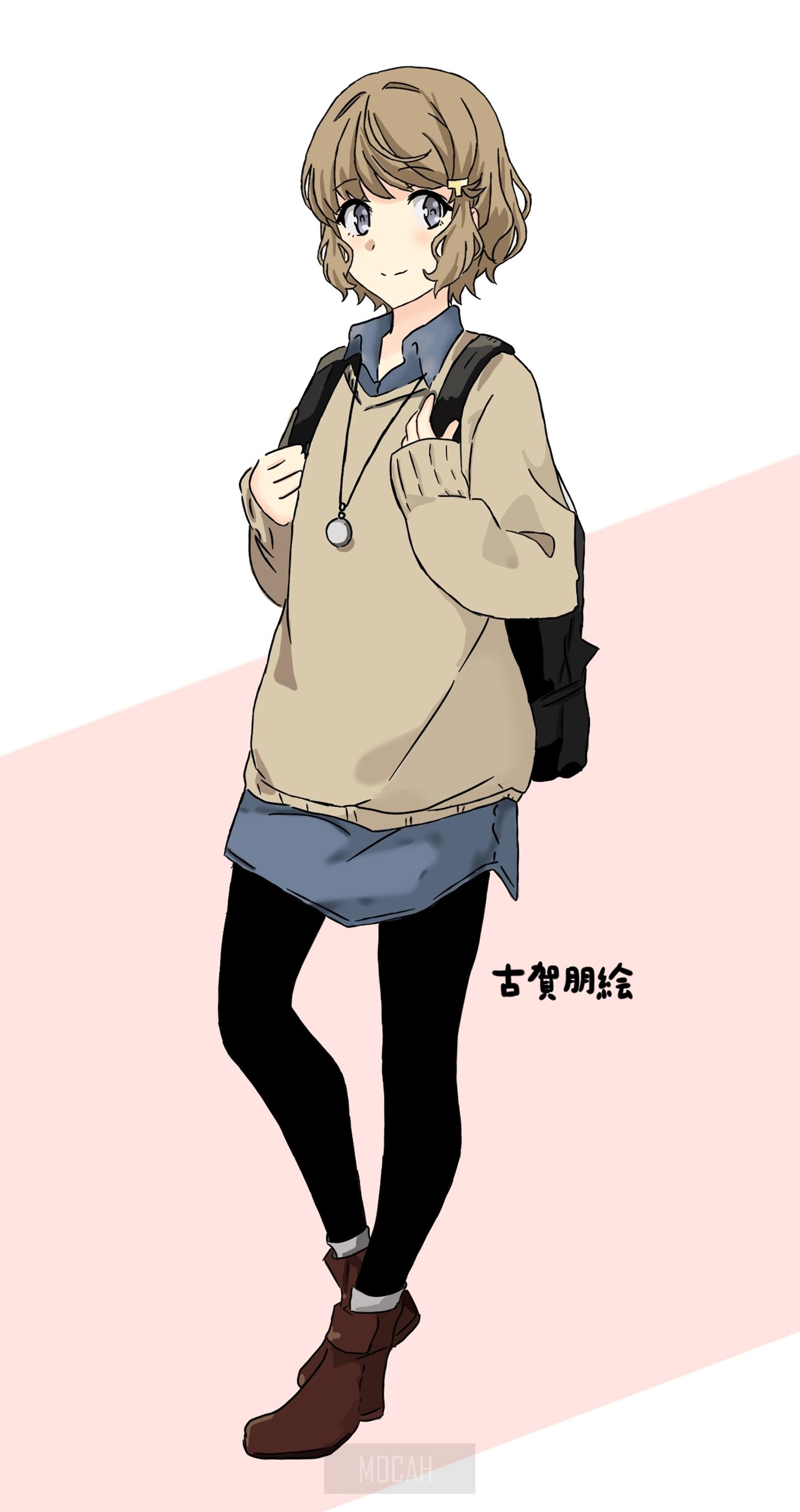 1587x3000 Seishun Buta Yarou wa Bunny Girl Senpai no Yume o Minai, anime girl, short hair, thighs, blushing, JK, brunette, gray eyes, black stockings, smiling, Koga Tomoe, thigh high boots, fan art