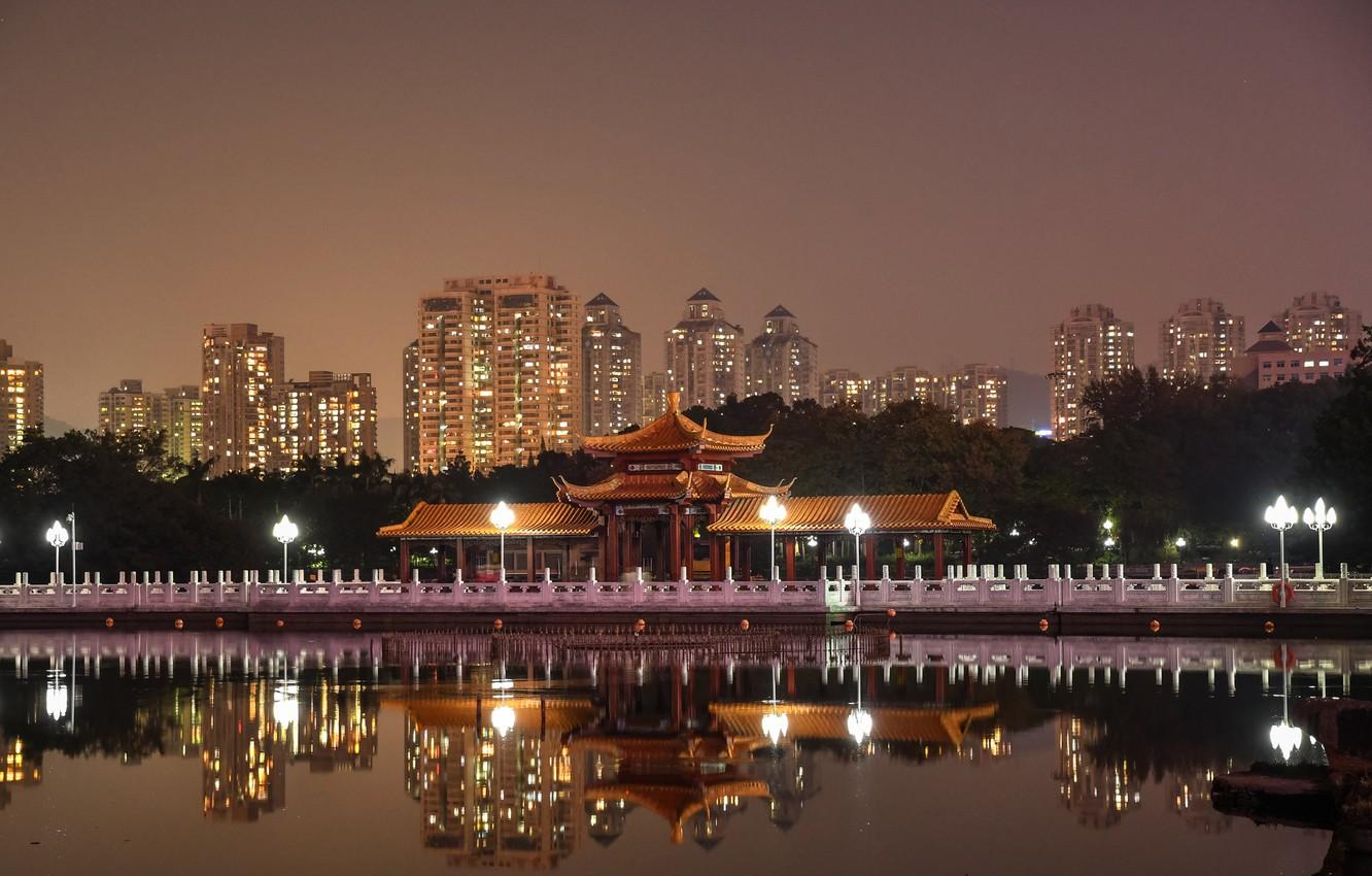 1332x850 Wallpaper the sky, water, trees, night, lights, reflection, river, home, lights, China, channel, promenade, Shenzhen image for desktop, section город