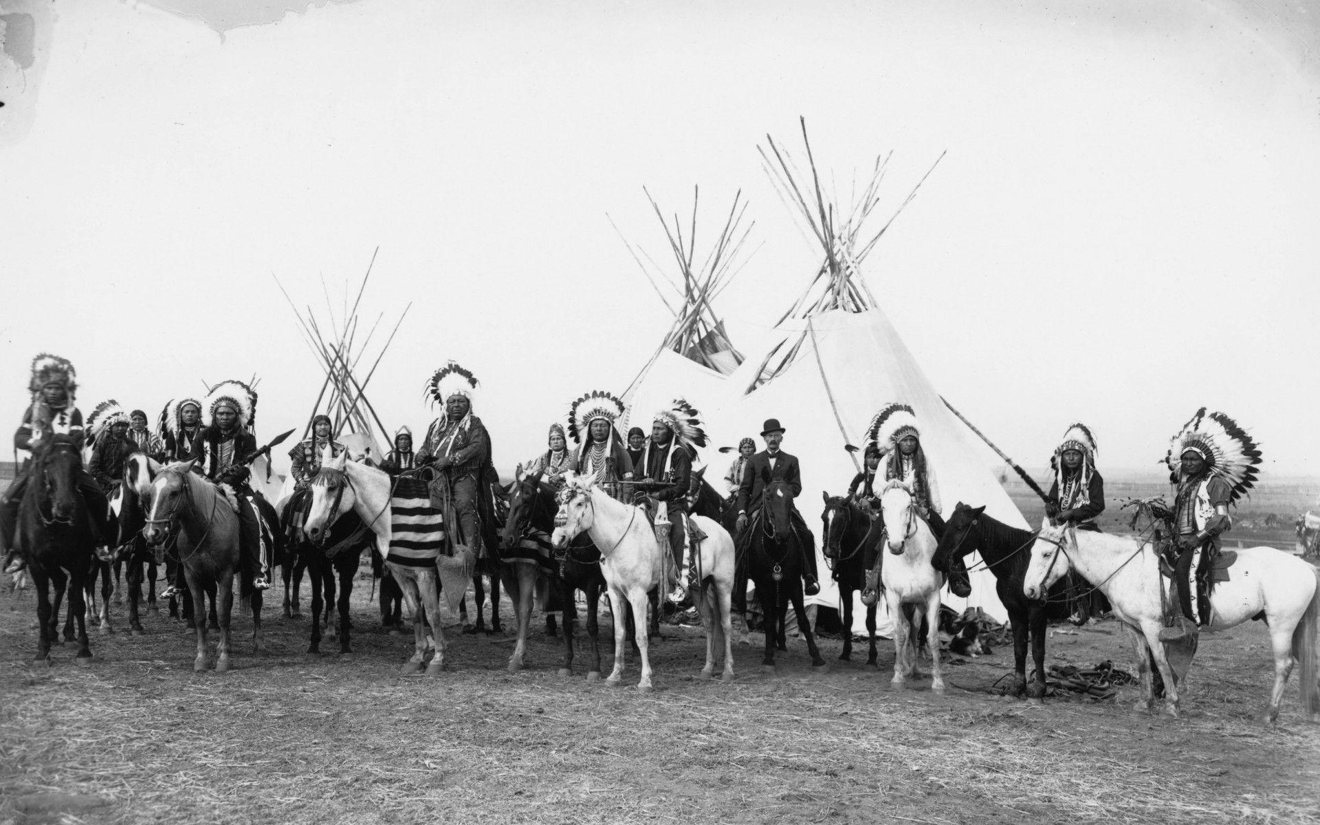1920x1200 Indians horses tepee feathers retro vintage photo black white native