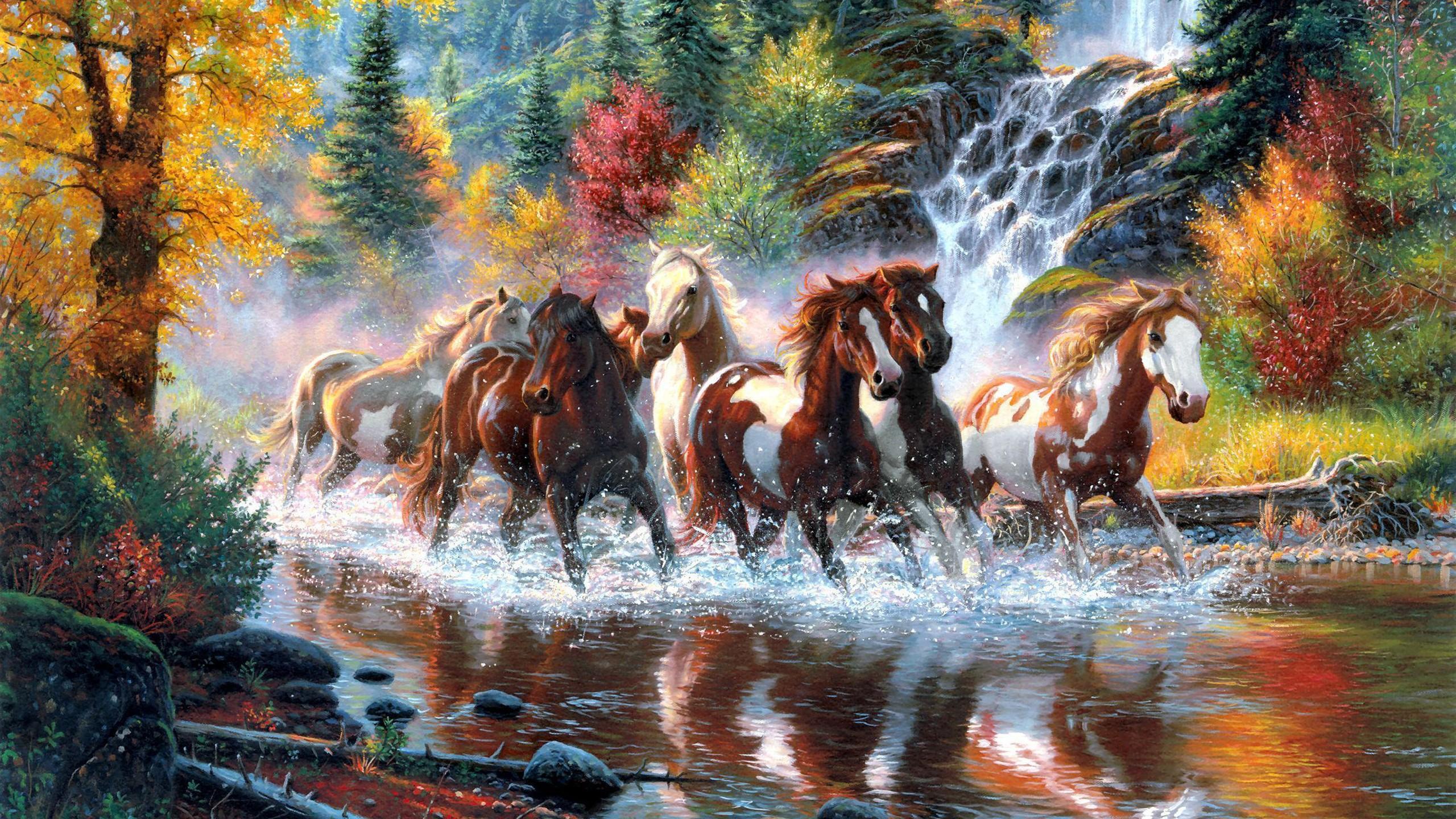 2560x1440 Running Horses Near Waterfall And Stream HD Horse Wallpaper