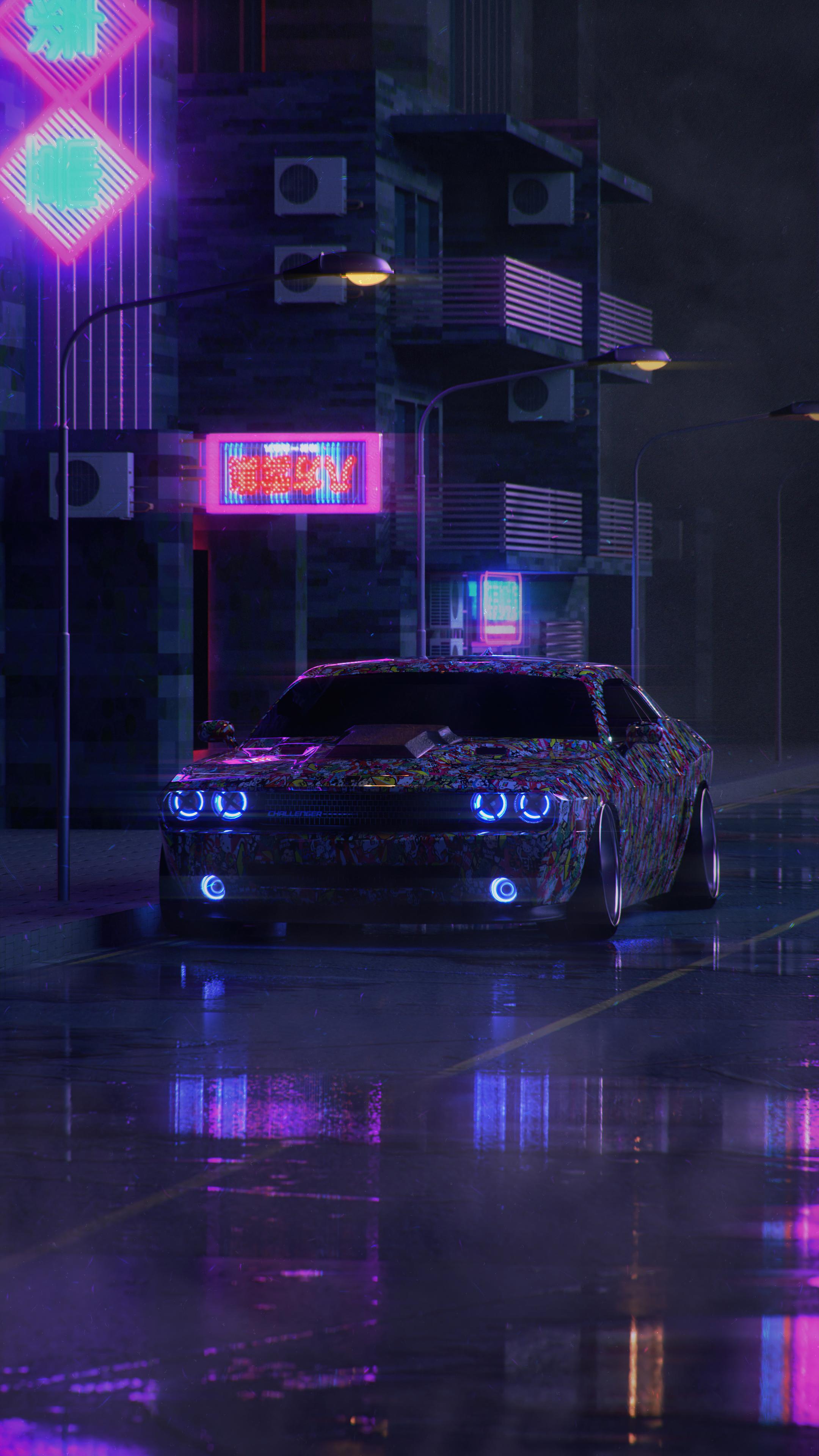 2160x3840 Dodge Challenger On Street Neon 5k Sony Xperia X, XZ, Z5 Premium HD 4k Wallpaper, Image, Background, Photo and Picture