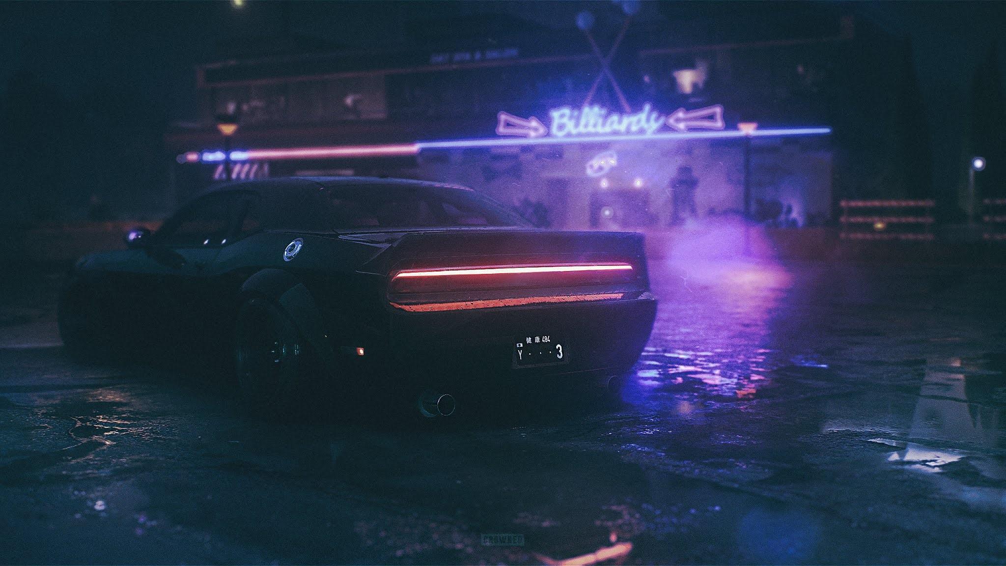 2048x1152 Wallpaper / car, vaporwave, dark, digital art, neon, vehicle, Dodge Challenger