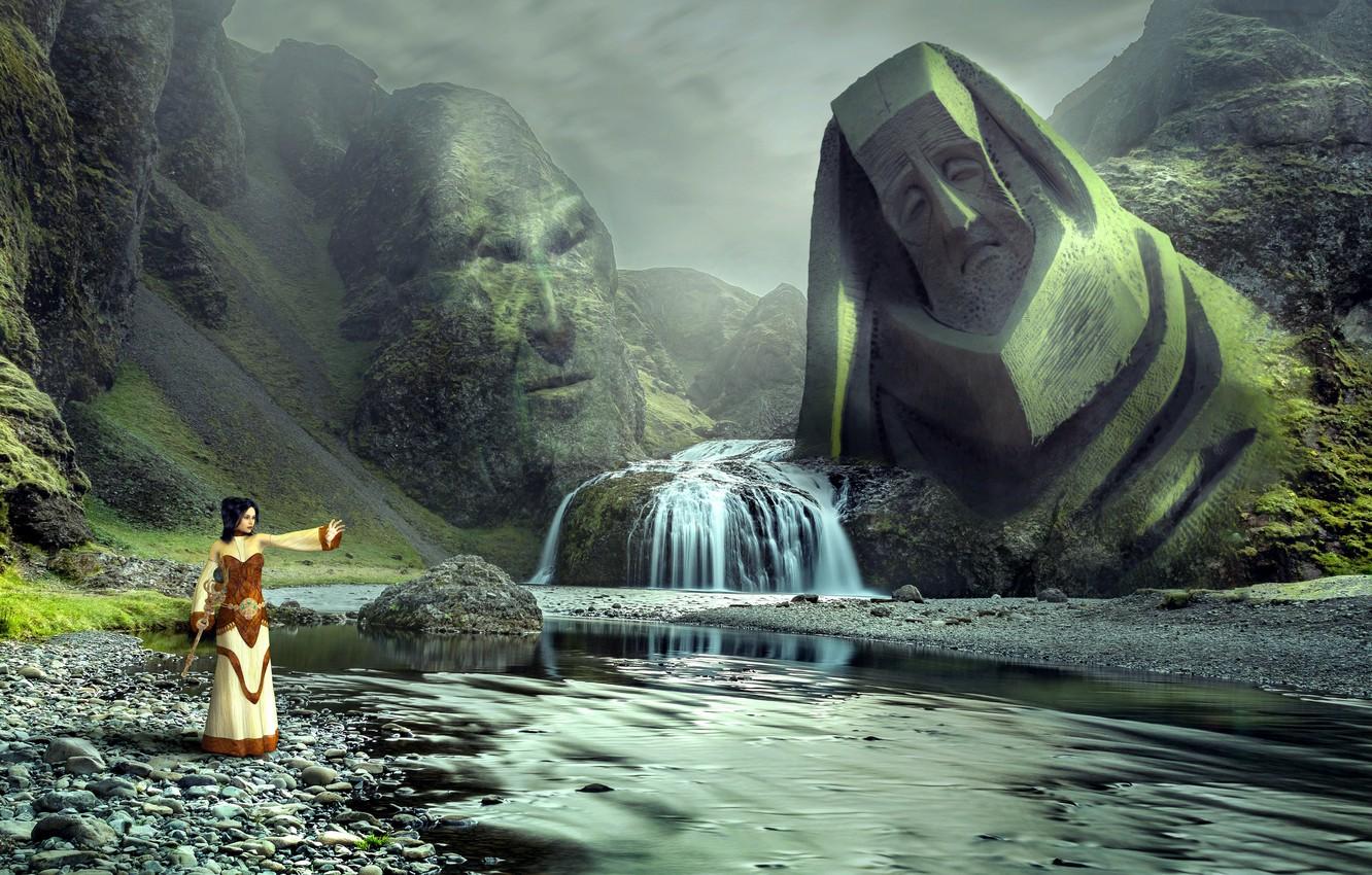 1332x850 Wallpaper landscape, face, fantasy, magic, woman, waterfall, sleep, mystic, figure, statue, shaman, divine, spiritual image for desktop, section фантастика