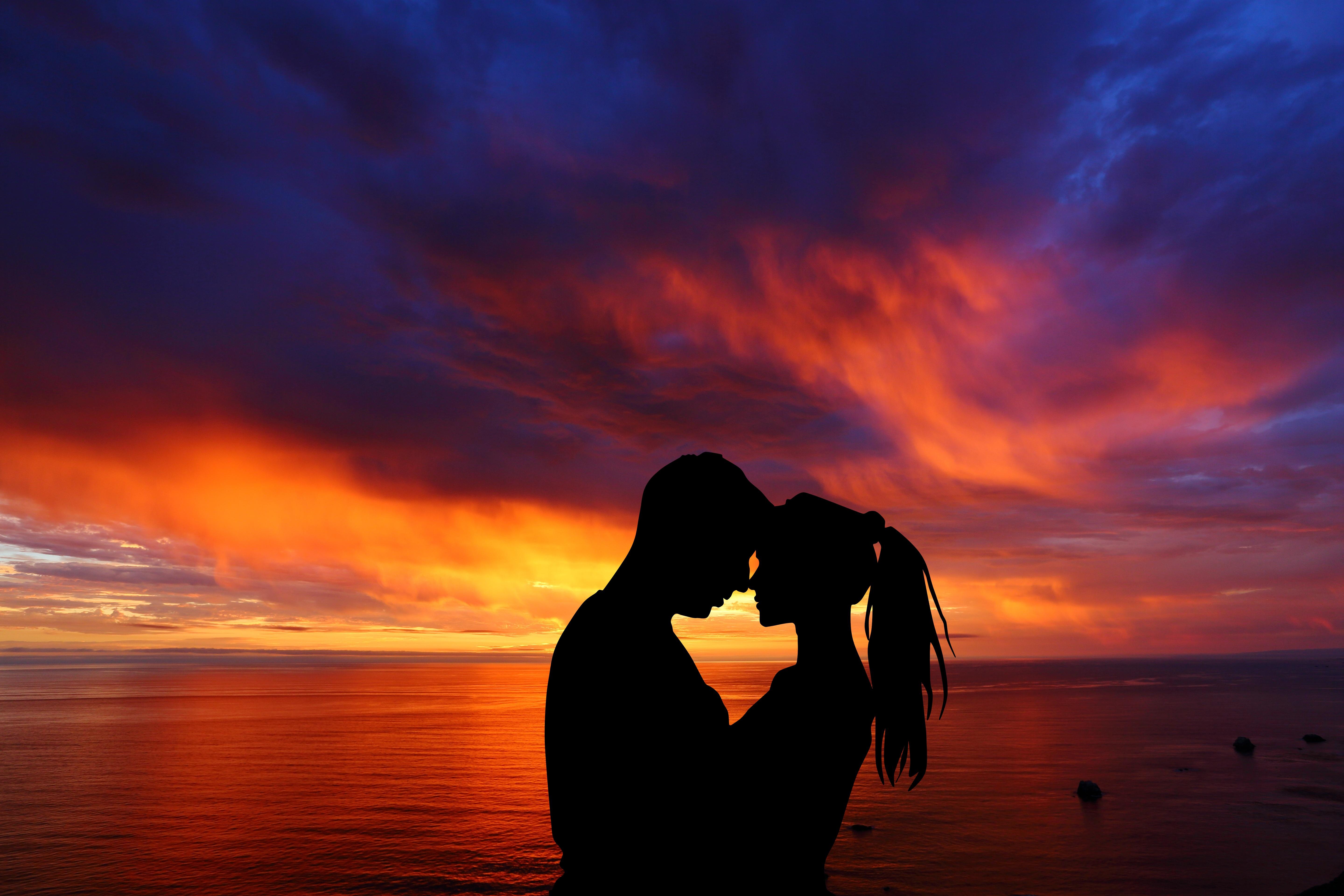 5760x3840 Couple Wallpaper 4K, Romantic, Silhouette, Sunset, Seascape, Together, Love