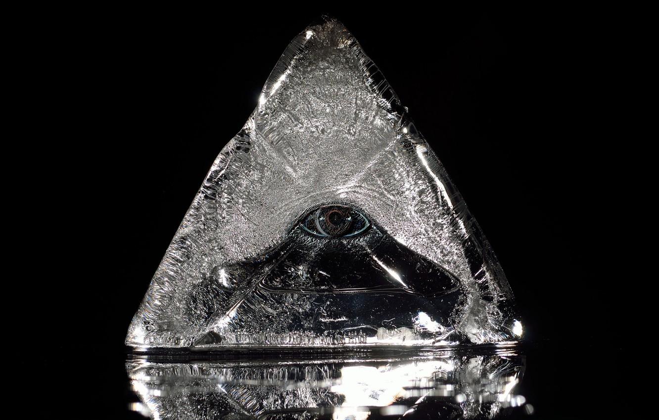 1332x850 Wallpaper ice, look, transparent, eyes, sign, ice, minimalism, management, figure, pyramid, symbol, black background, triangle, symbols, eye, ice image for desktop, section минимализм