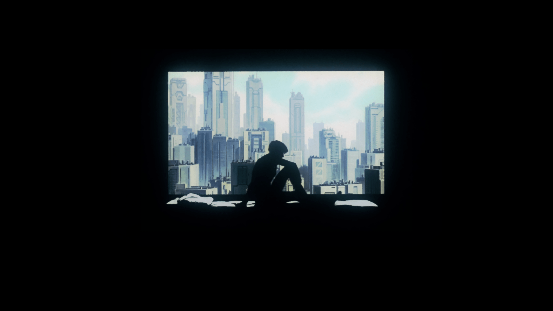 1920x1080 #black background, #Kusanagi Motoko, #bed, #window, #women, #cityscape, #in bed, #Ghost in the Shell, #bedroom, #cyberpunk, #futuristic, wallpaper. Mocah HD Wallpaper