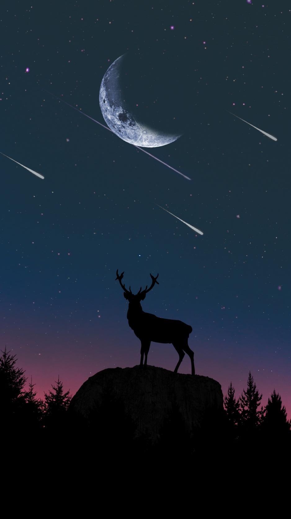 938x1668 Deer, silhouette, twilight, moon, hill wallpaper, background