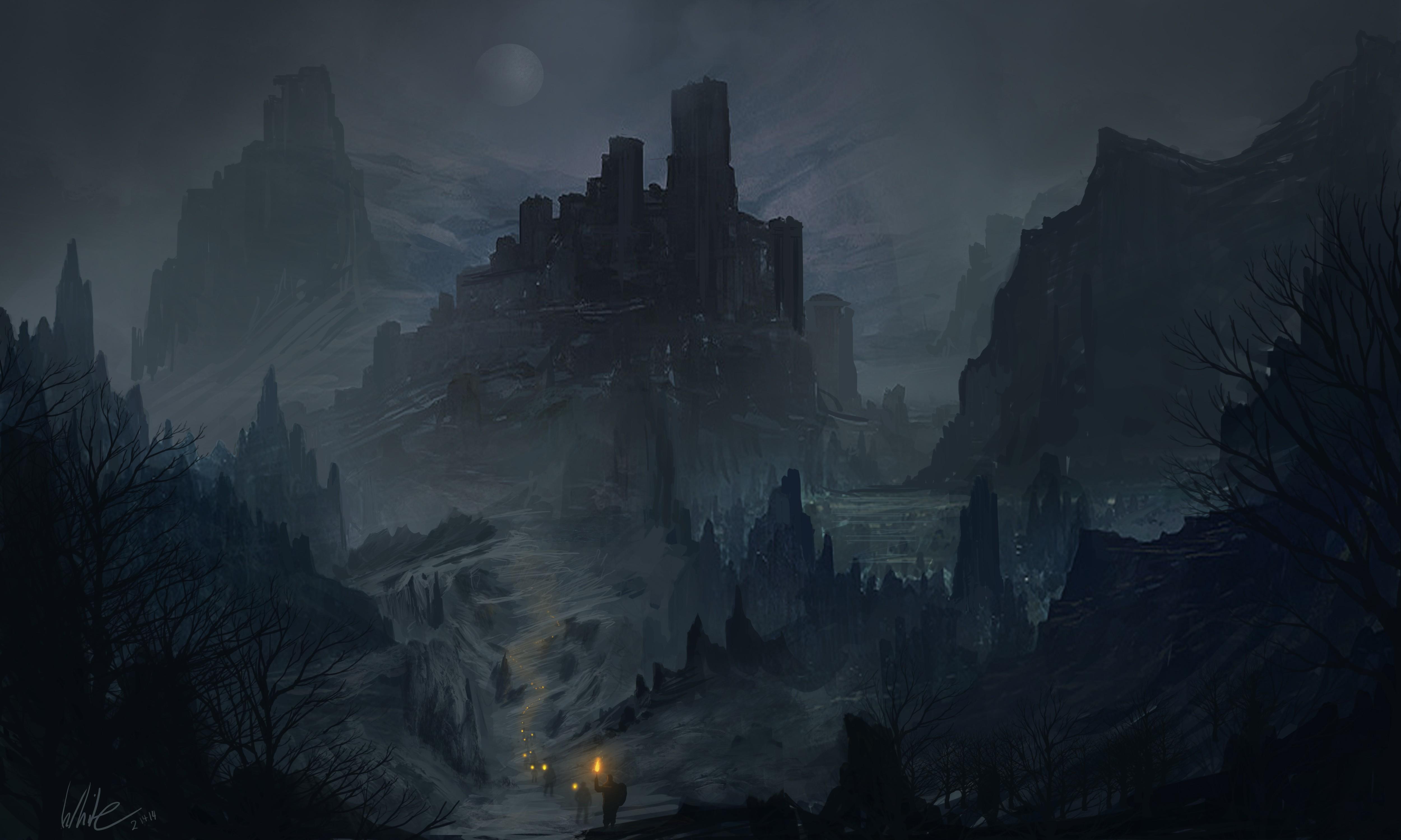 5000x3000 people fantasy art concept art artwork dark mist rocks dead trees mountains path wallpaper. Mocah HD Wallpaper