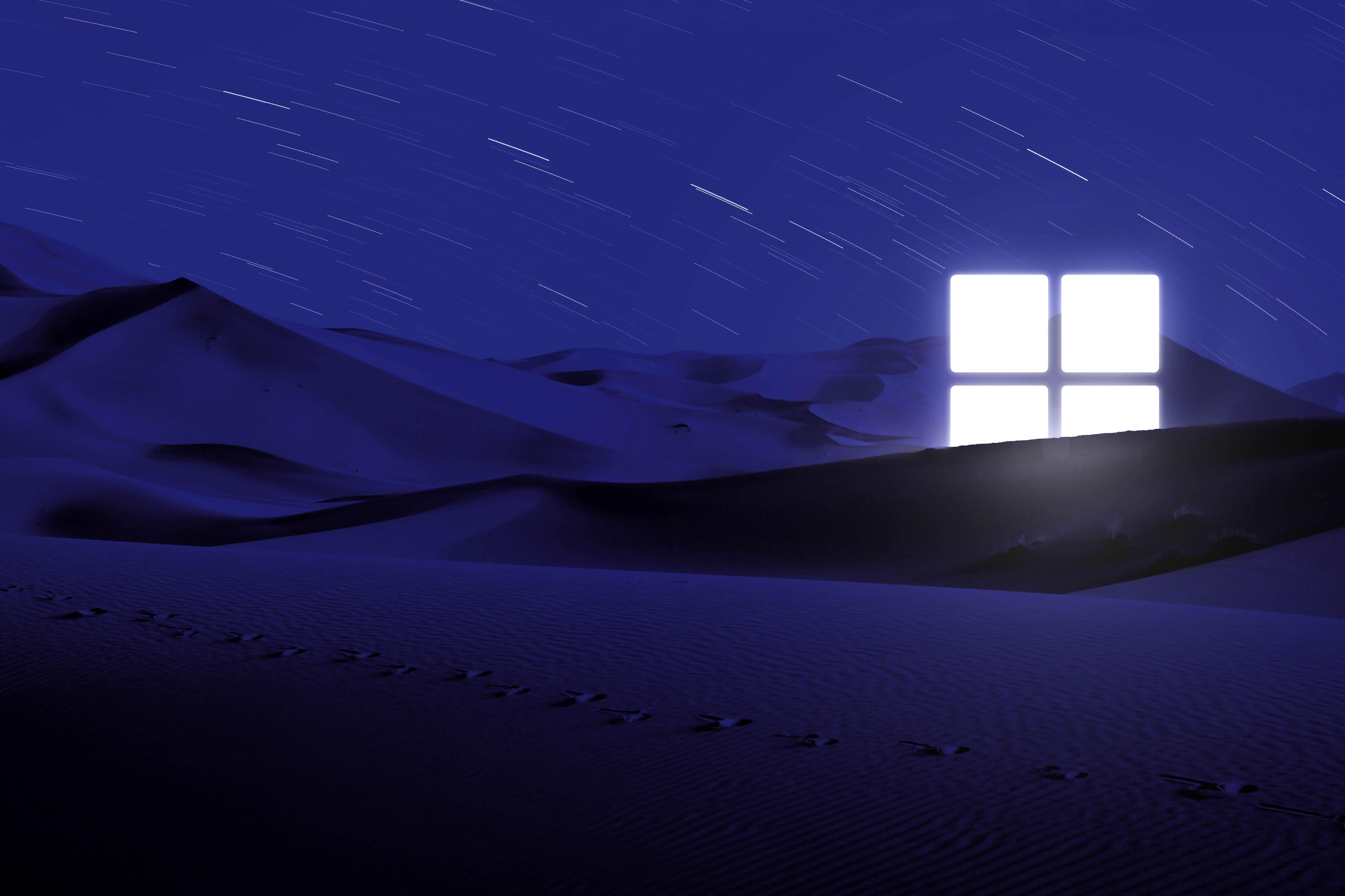4500x3000 Desert Wallpaper 4K, Night, Blue, Windows logo, Glowing, Star Trails, Nature