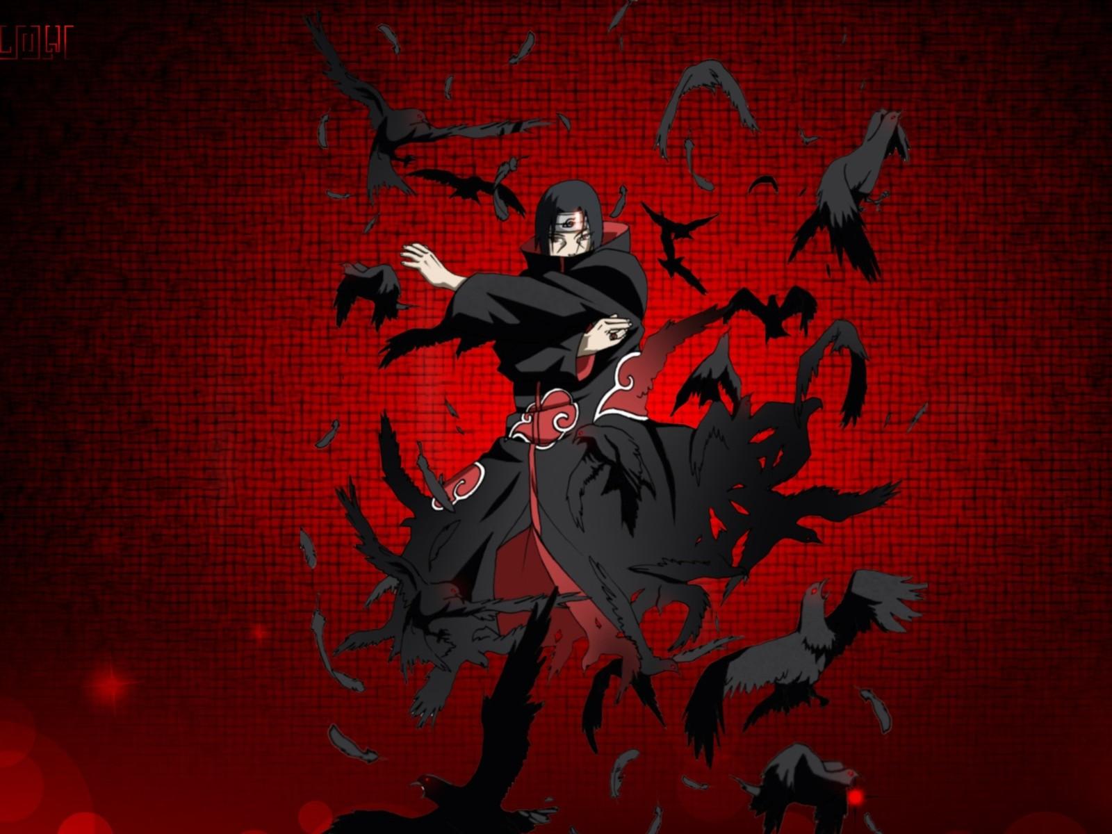 1600x1200 illustration, anime boys, red, red background, raven, Naruto Shippuuden, poster, Akatsuki, Uchiha Itachi, darkness, computer wallpaper, album cover. Mocah HD Wallpaper
